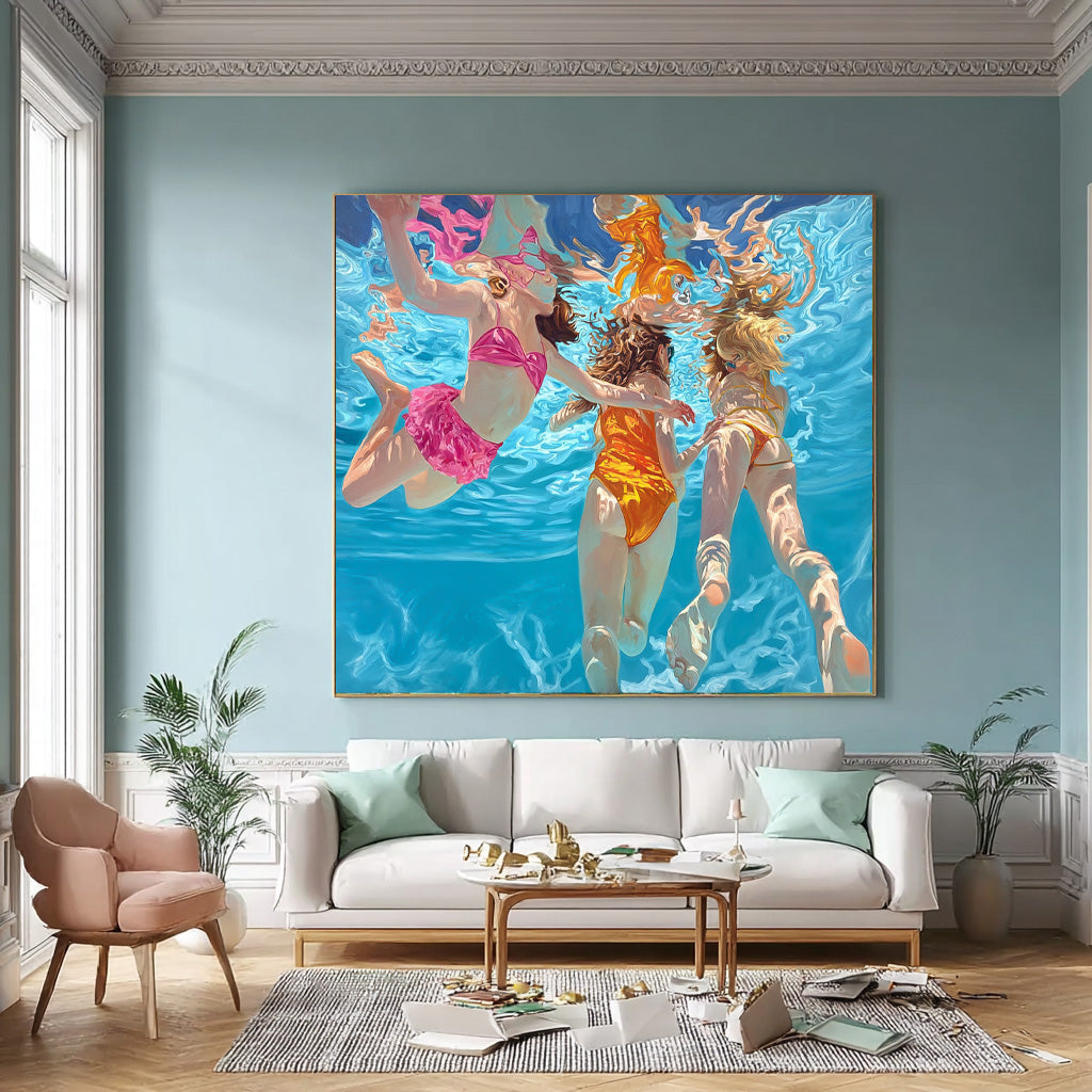 Original Girl swimming Wall Art Diving In Ocean Sensual Woman Acrylic Painting Lovely Lady Artwork