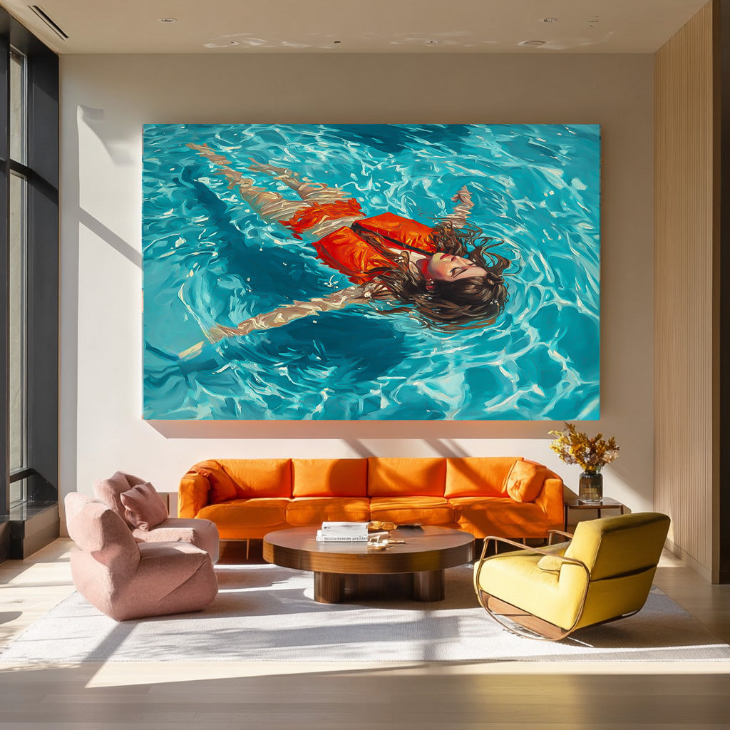 Large Color Artwork Original Girl Diving Oil Painting Diving In Ocean Sensual Woman Swimming Wall Art
