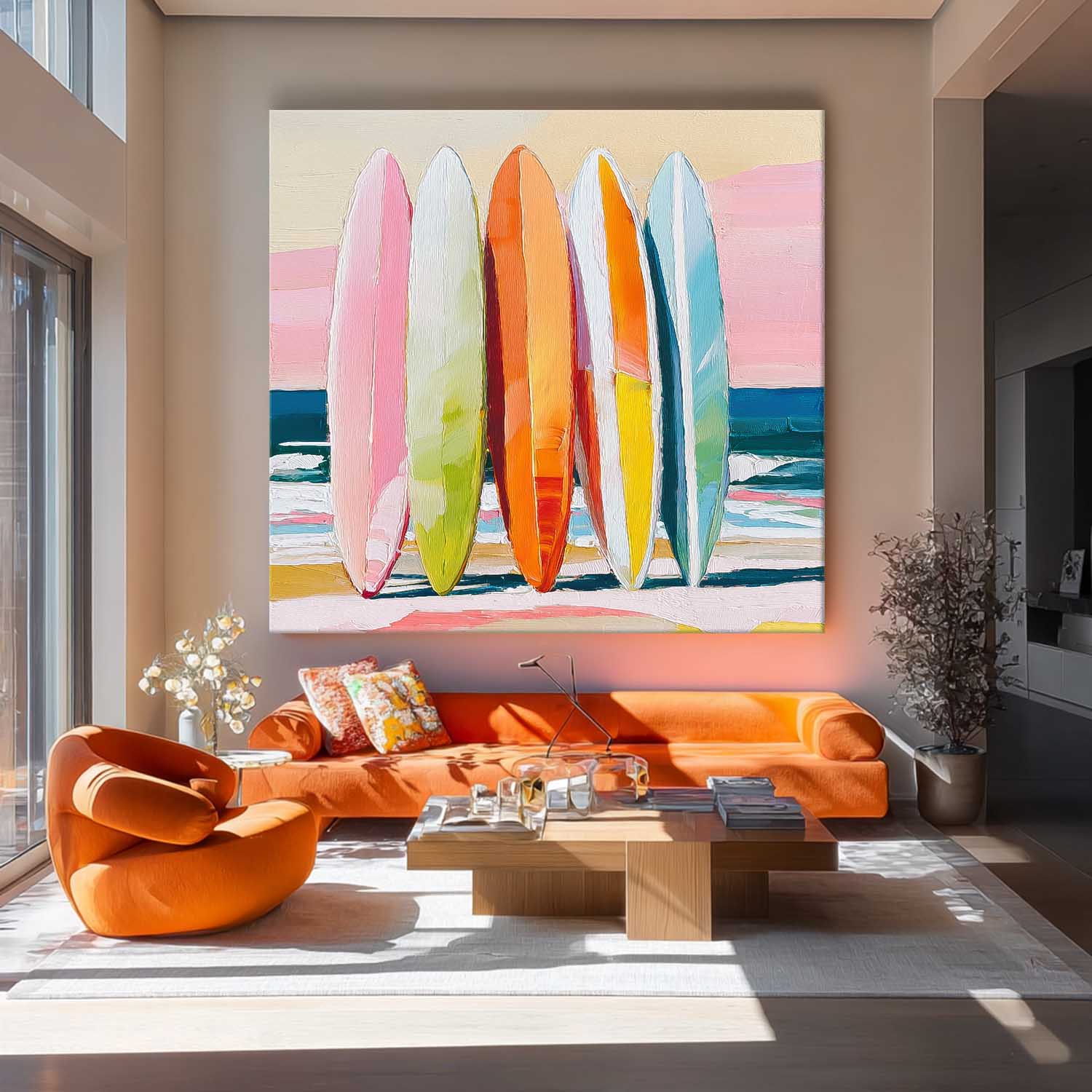 Abstract Beach Surfboard Scenery Oil Painting Framed Seaside Landscape Artwork Large Wall Art Home Decor