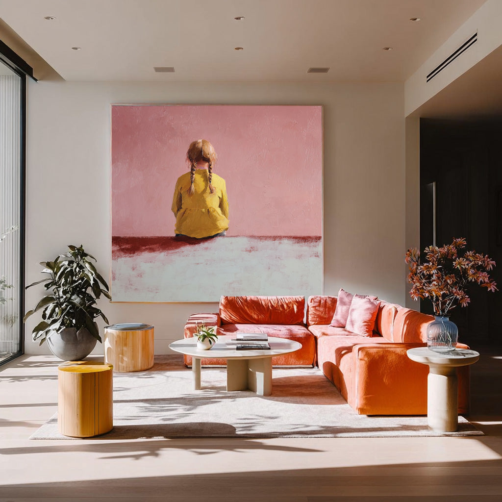 Minimalist Girl Back view Painting Abstract Warm atmosphere Art Original Pink Wall Art For Living Room