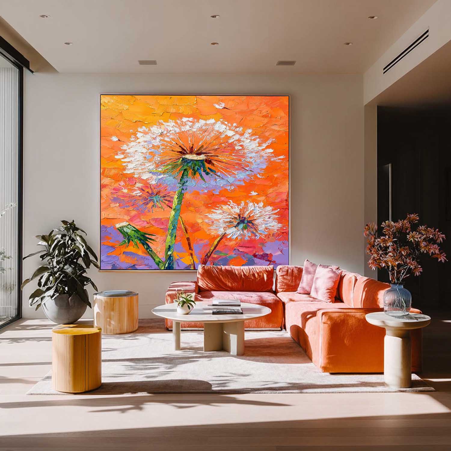 Square Heavy Impasto Dandelion Painting 3D Palette Knife Floral Art  Modern Vibrant Orange Dandelion Artwork