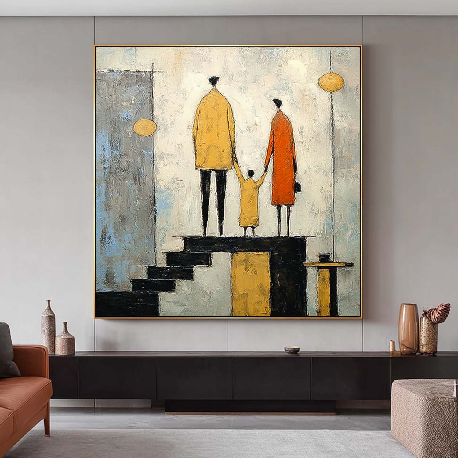 Square Original Neutral Background Oil Painting Minimalist Family Wall Art Modern City Silhouette Home Decor