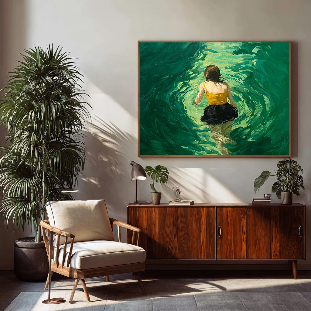Abstract Green Artwork Original Girl Diving In Ocean Painting Sensual Lady Figure Swimming Wall Art