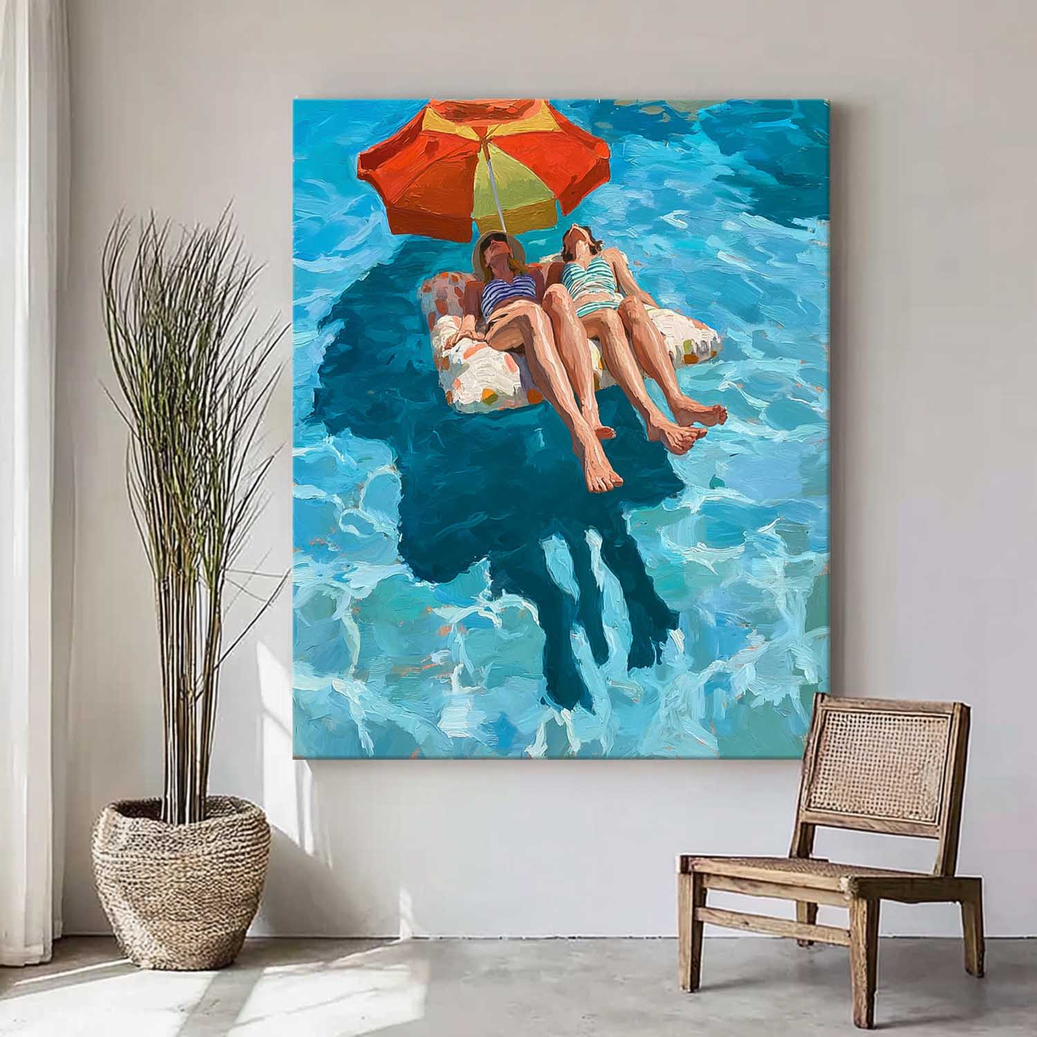 Original Diving Wall Art Abstract Lady playing In Water Oil Painting Canvas Modern Swimming Artwork