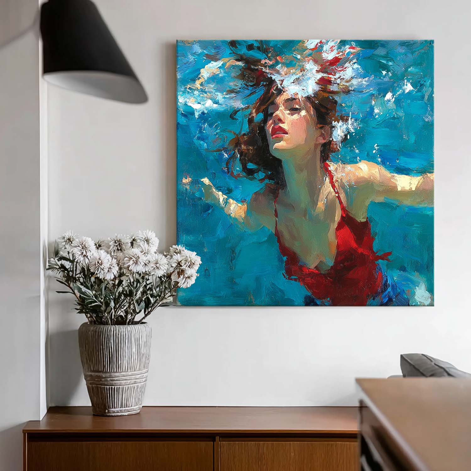 Lady Bright Red clothes Artwork Original Woman swimming Wall Art Square Diving In Ocean Girl Acrylic Painting