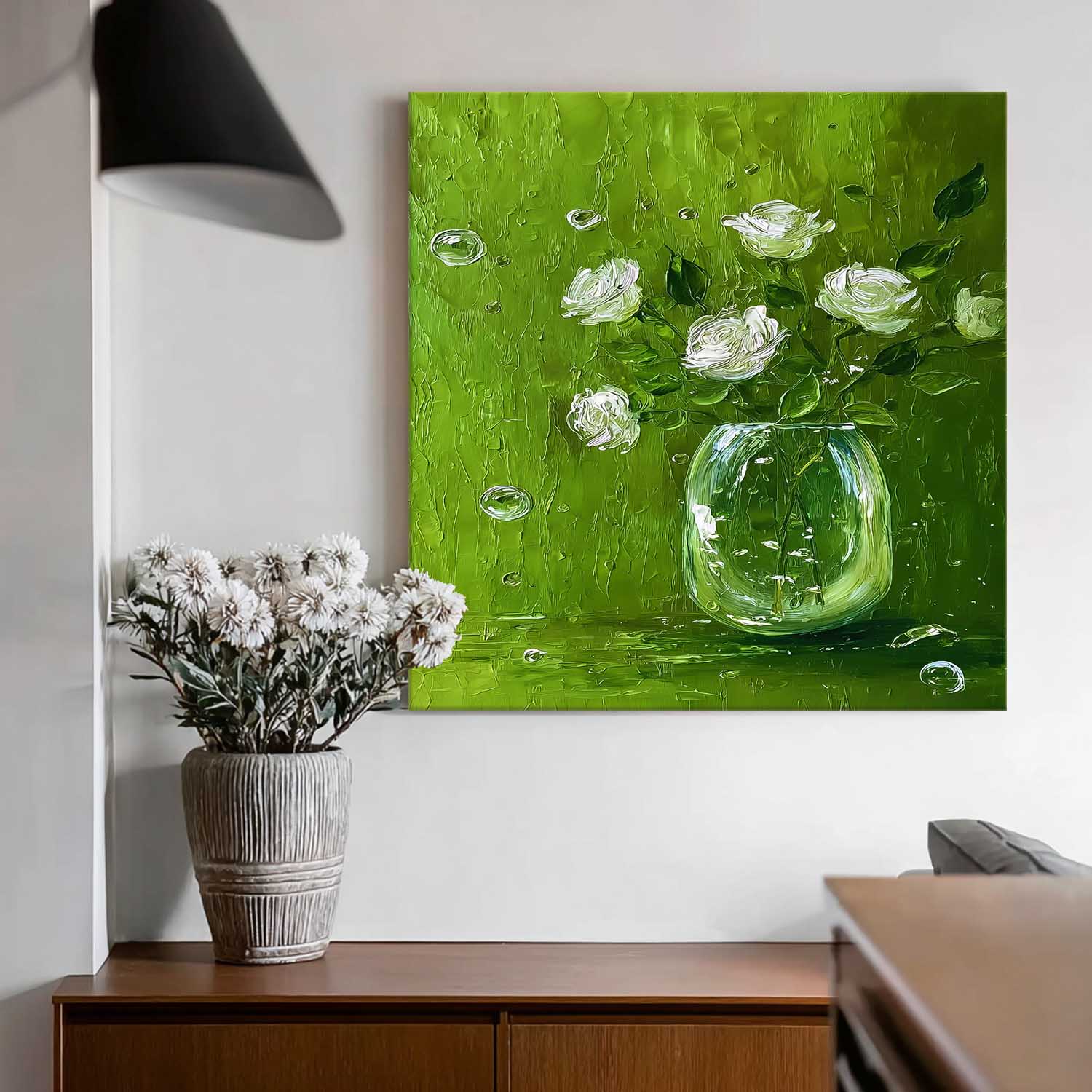 Modern Fresh Green & White Square Floral Canvas Textured Rose Oil Painting Healing Aesthetic Still Life Decor 