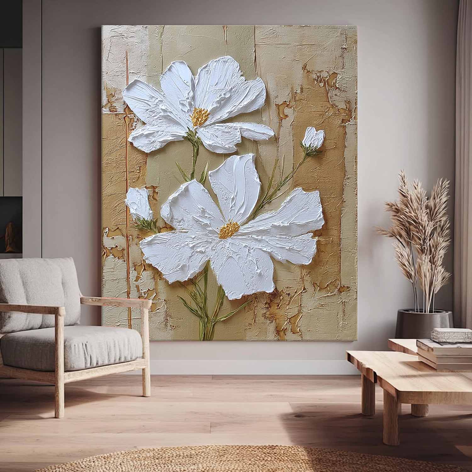 Large White Flower Abstract Oil Painting Canvas Texture Plant Wall Art Original Artwork Home Decor