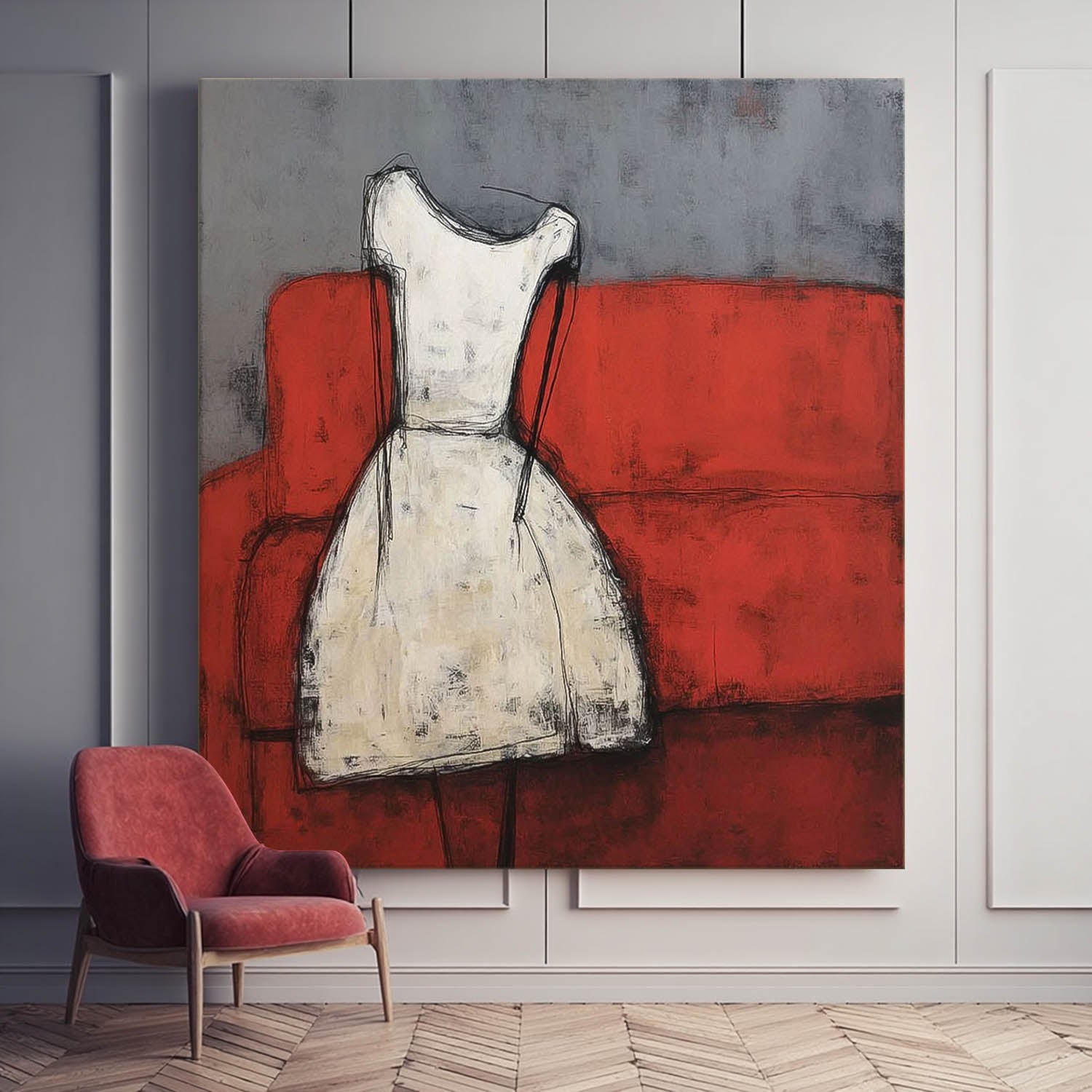 Abstract White Vintage Dress Oil Painting Original Minimalist Artwork Large Wall Art For Living Room