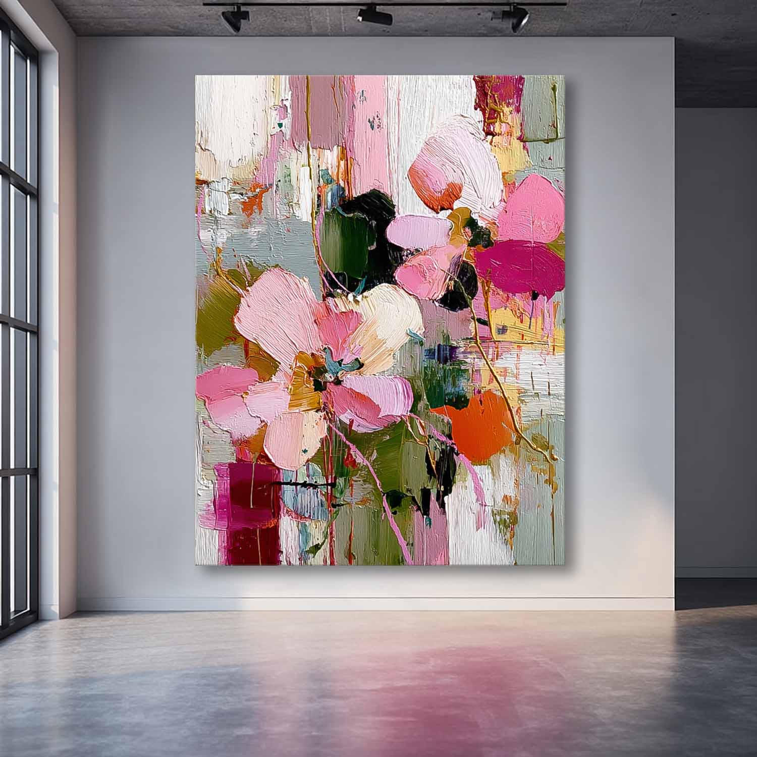 Large Pink Flower Abstract Painting Canvas Original Artwork Texture Plant Wall Art For Living Room