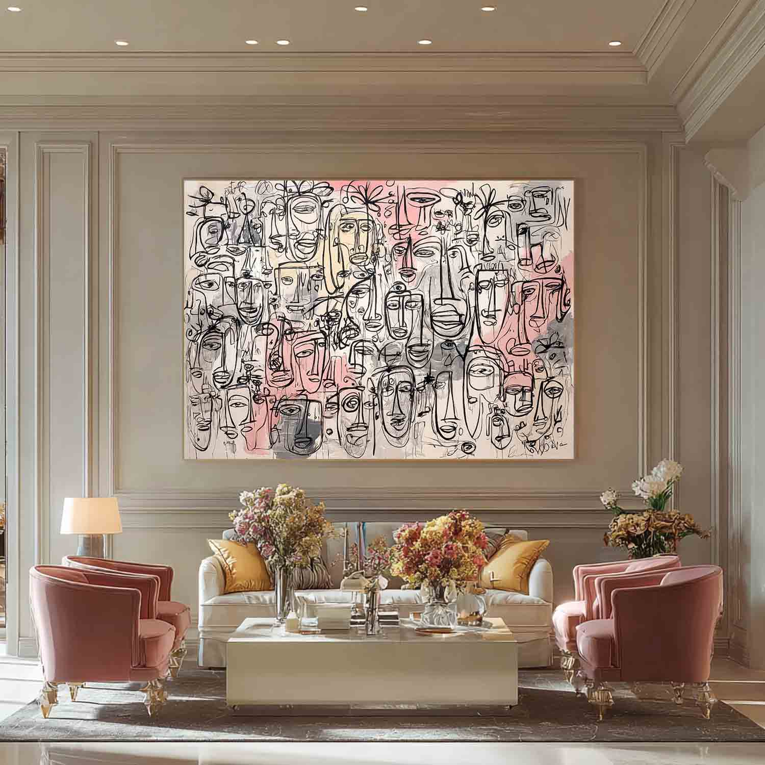 Abstract Line Face Painting Canvas Graffiti Artwork Framed Original Minimalism Modern Style Wall Art