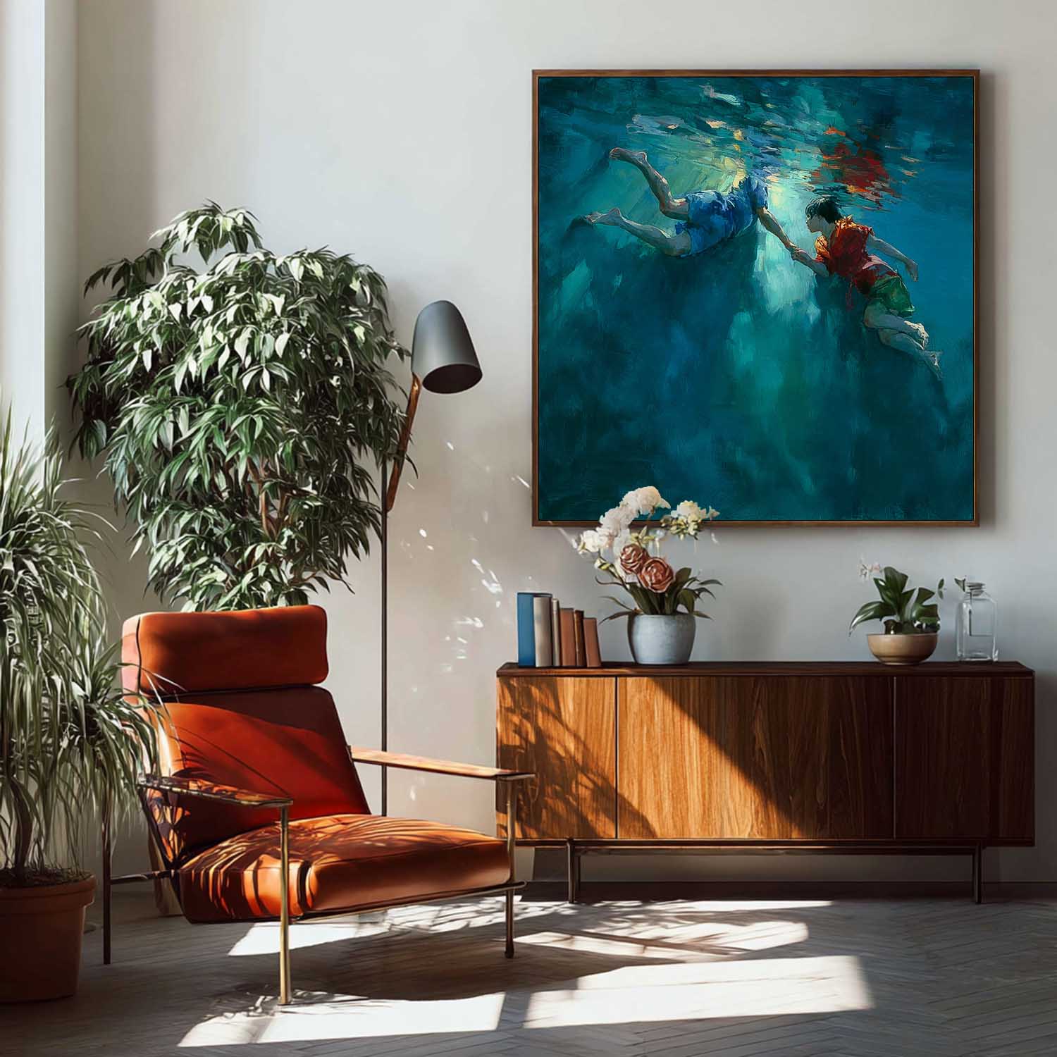 Two Children Artwork Square Diving In Ocean Acrylic Painting Original Child swimming Wall Art For Living Room