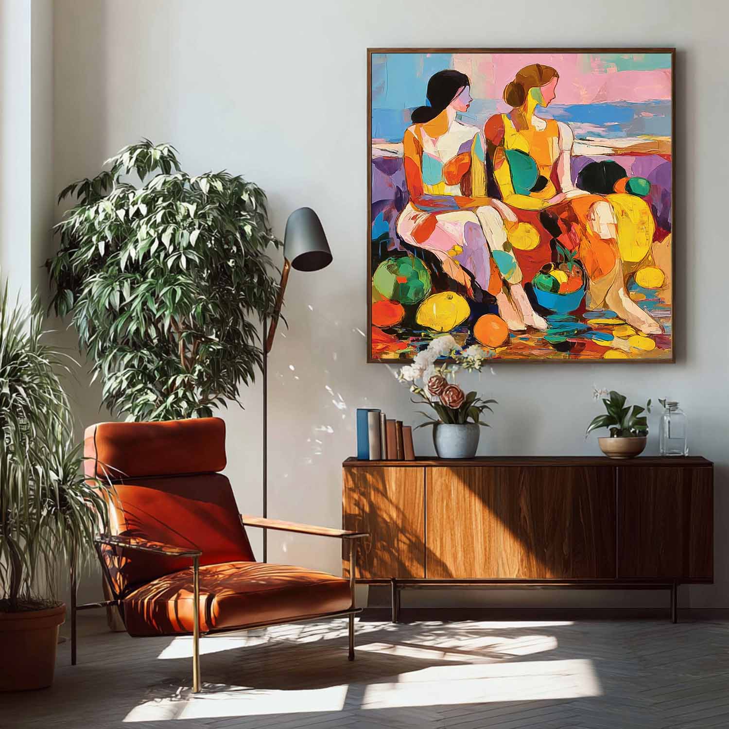 Large Colorful Abstract Women Painting Square Fruit Still Life Wall Art Original Figure Artwork