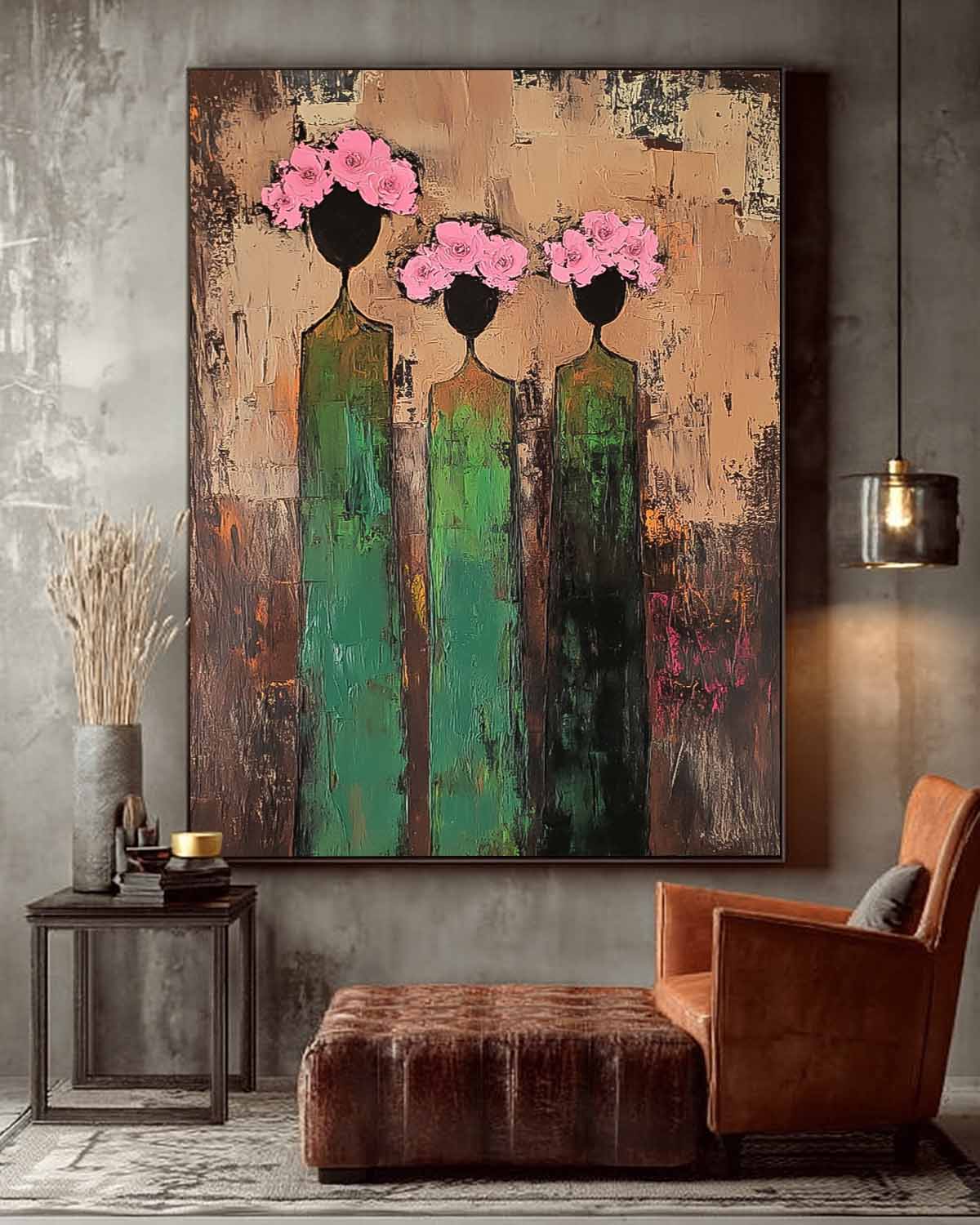 Abstract Simple Characters Artwork Original Retro Painting Pink And Green Modern People Silhouette Wall Art