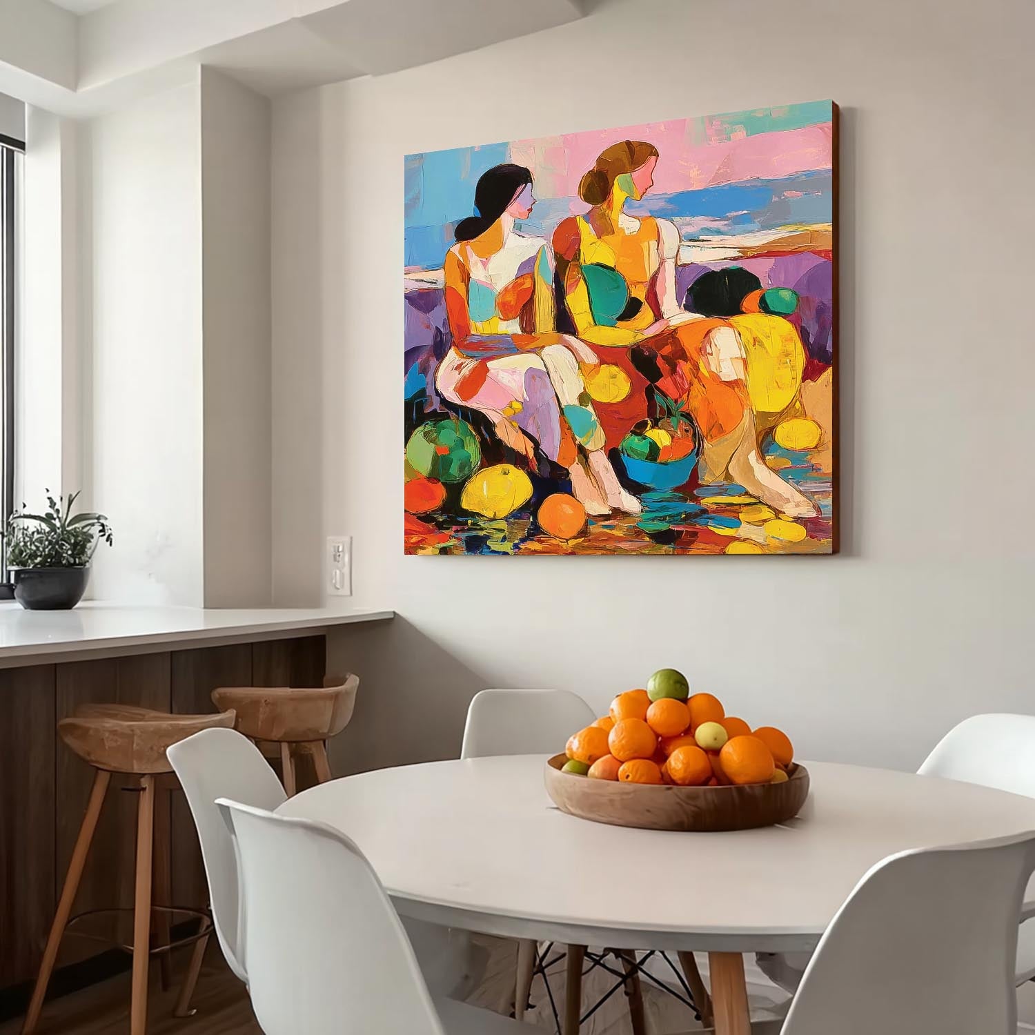 Large Colorful Abstract Women Painting Square Fruit Still Life Wall Art Original Figure Artwork
