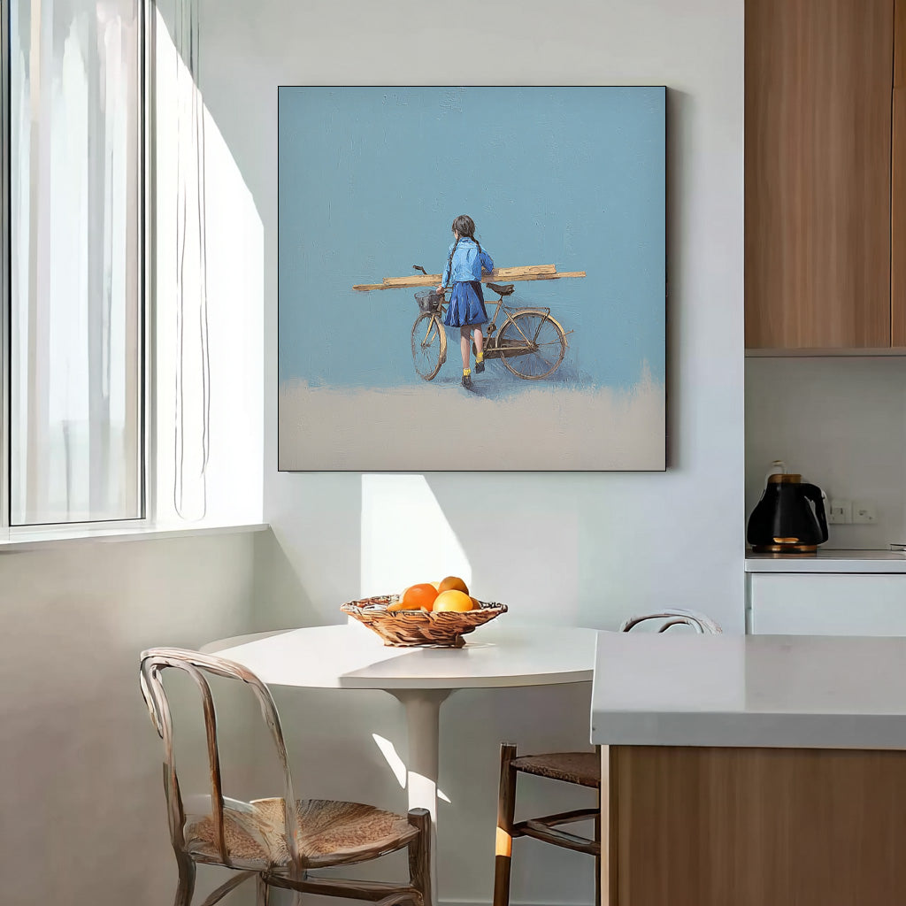 Blue Wall Art Minimalist Girl Riding A Bicycle Painting Abstract Warm atmosphere Art For Living Room