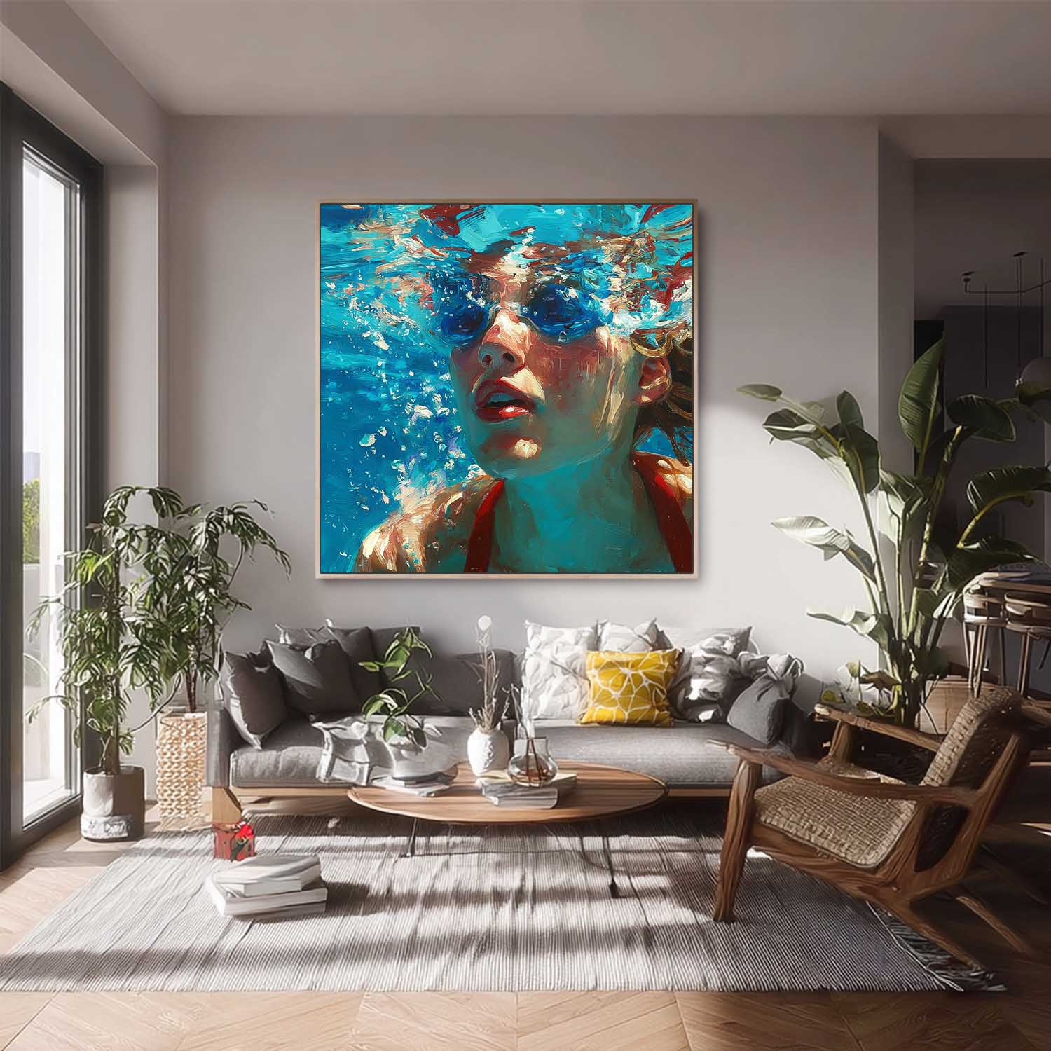 Original Woman swimming Wall Art Lady Artwork Square Diving In Ocean Girl Acrylic Painting Home Decor