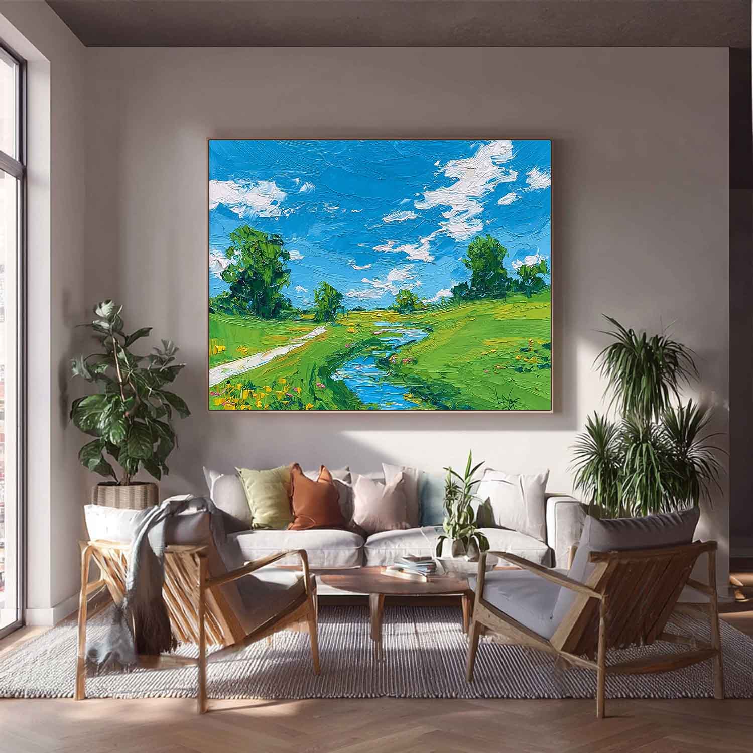Abstract Fields And Rvers Landscape Oil Painting  Rural Warmth Artwork Large Texture Scenery Wall Art Framed