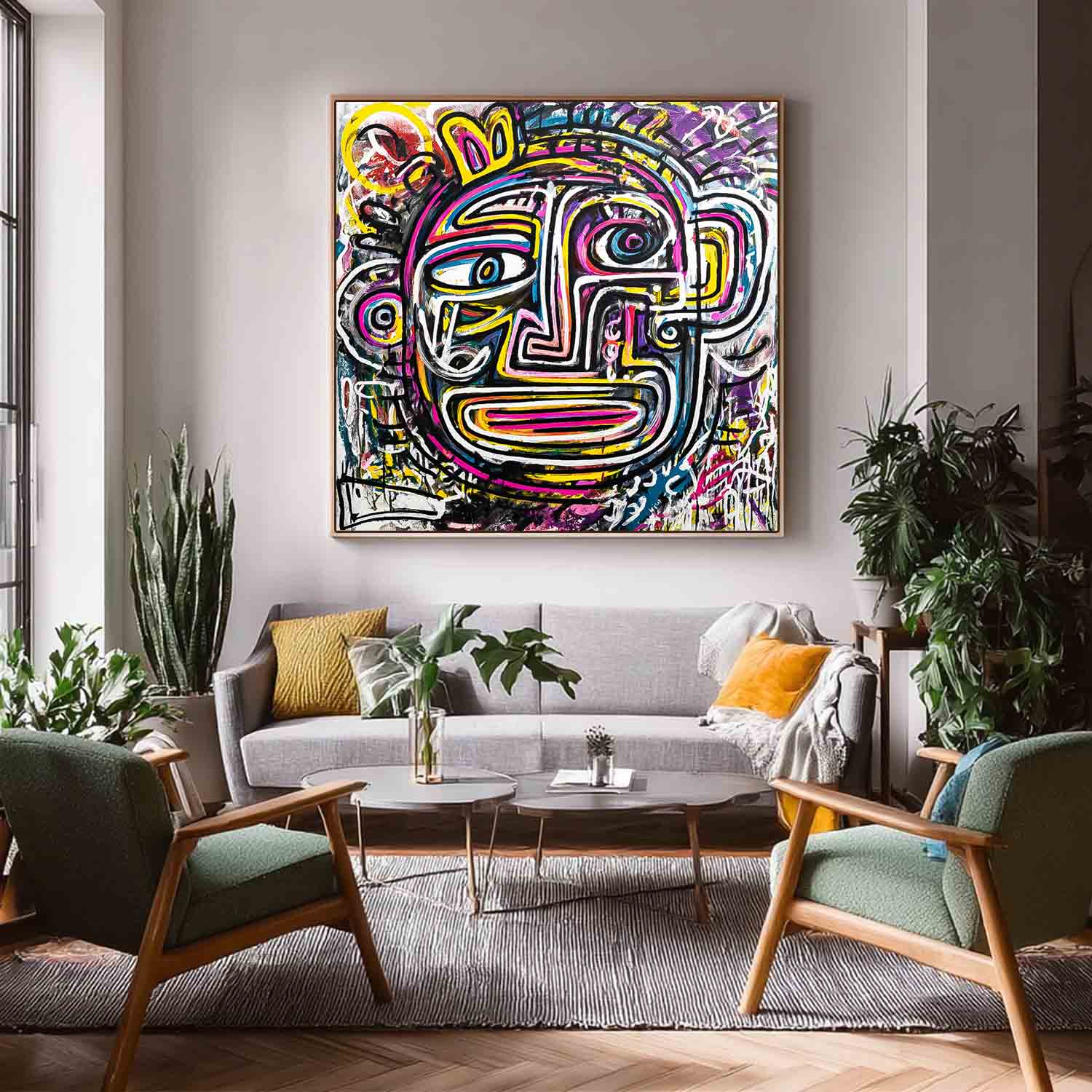 Large Graffiti Line Face Wall Art Original Colorful Face Painting Abstract Portrait Oil Painting On Canvas