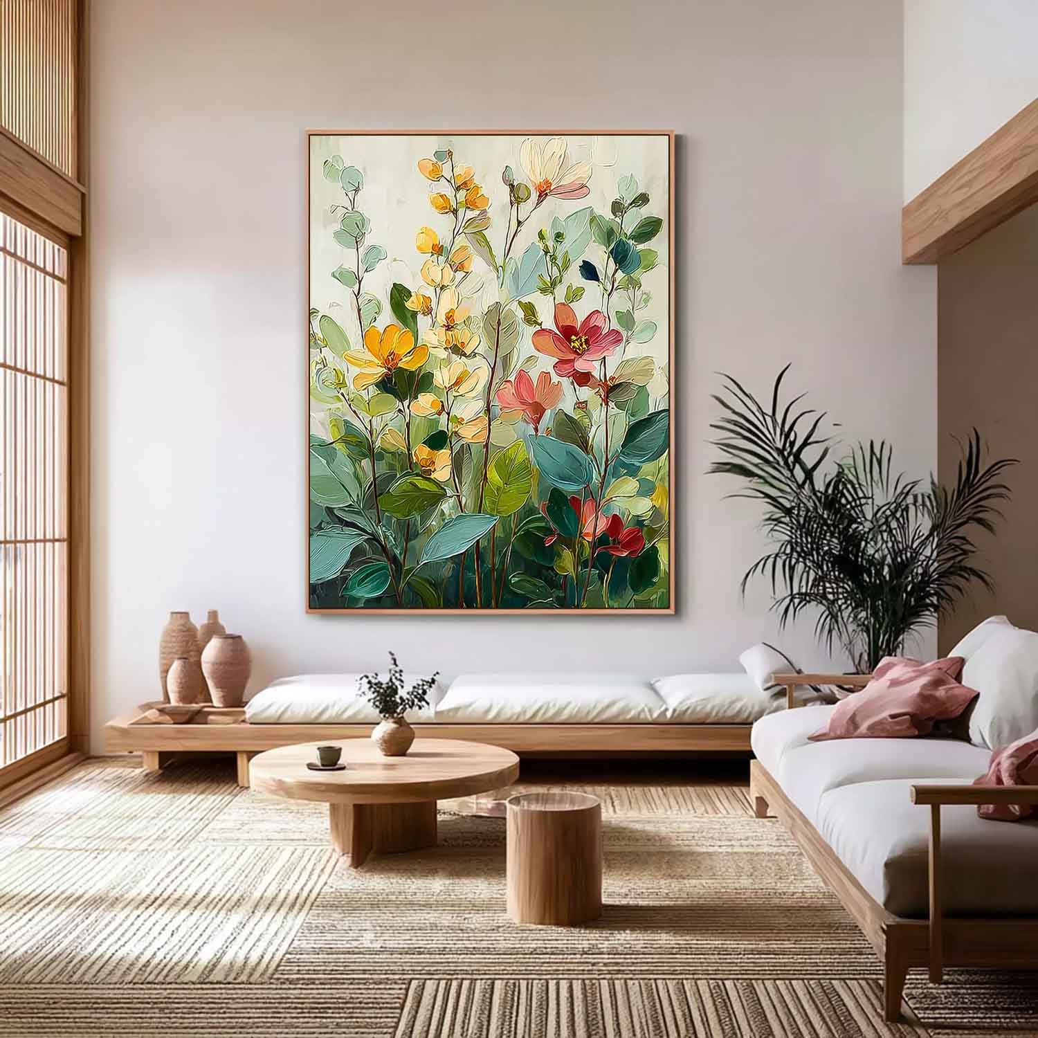 Large Flower Abstract Painting Canvas Original Green Artwork Texture Plant Wall Art For Living Room