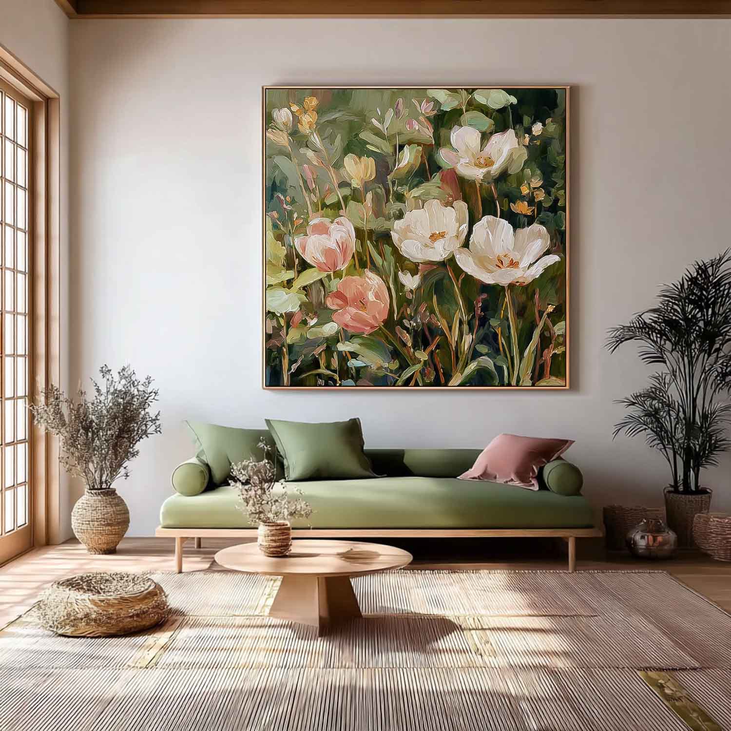 Square Vintage Oil Painting Style Tulips In White And Pink With Sage Green Leaves Cottagecore Wall Decor