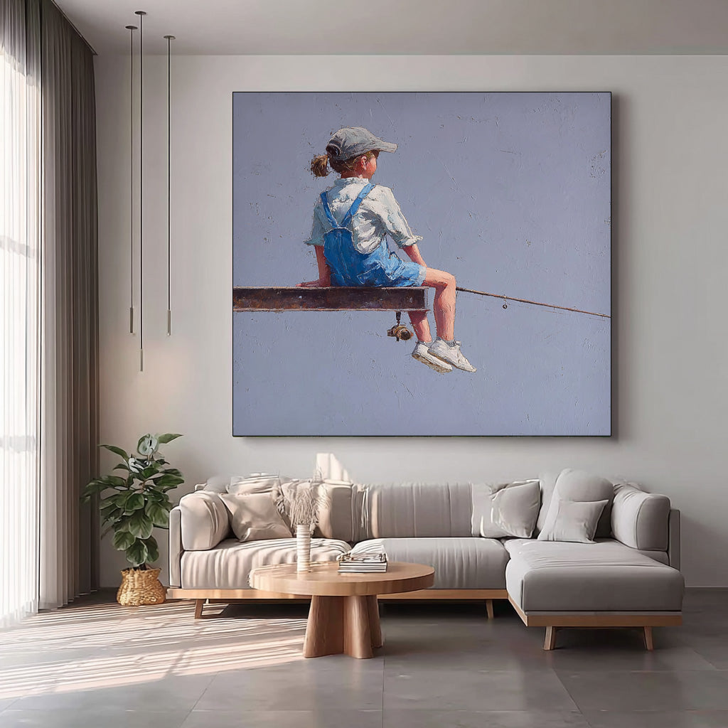 Original Purple Wall Art Abstract Warm atmosphere Art Minimalist Girl Fishing Painting For Living Room