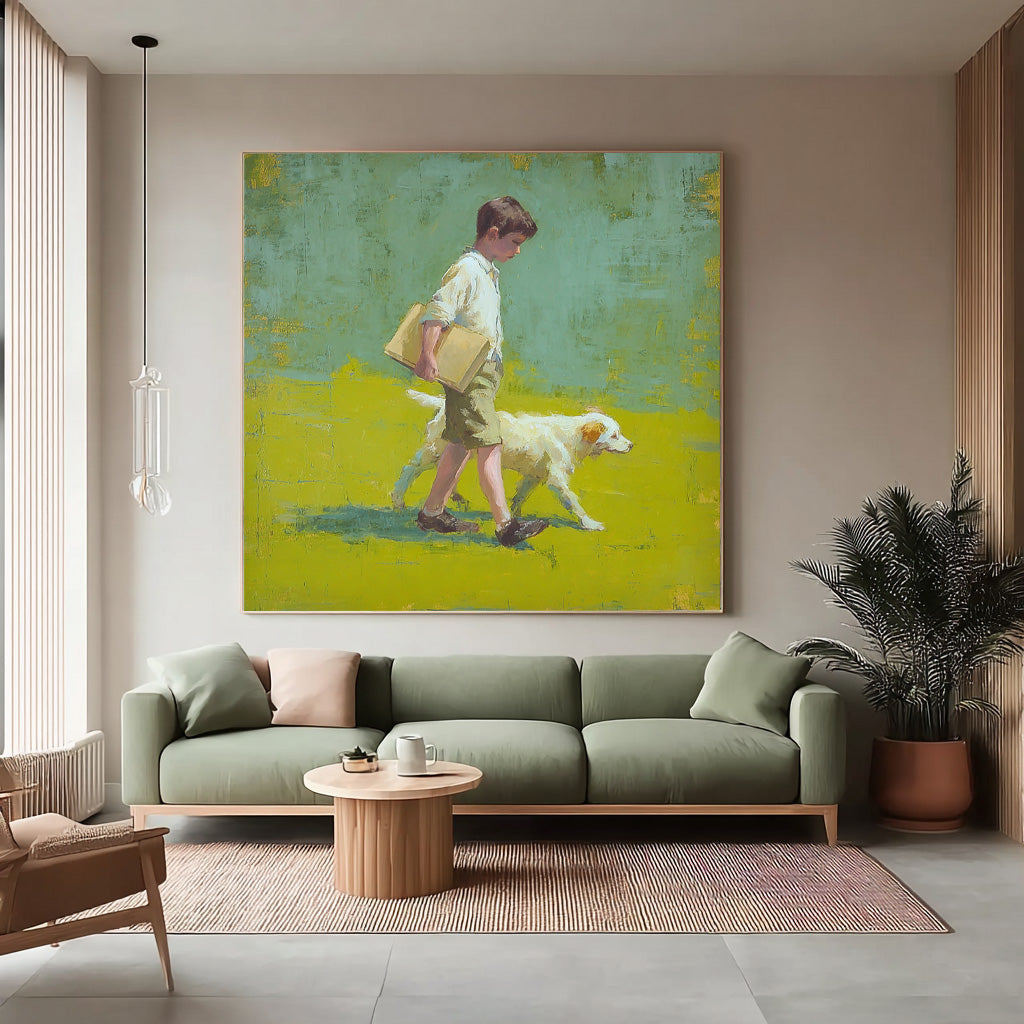 Minimalist Boy Walking The Dog Painting Landscape Green Grassland Abstract Peaceful atmosphere Wall Art