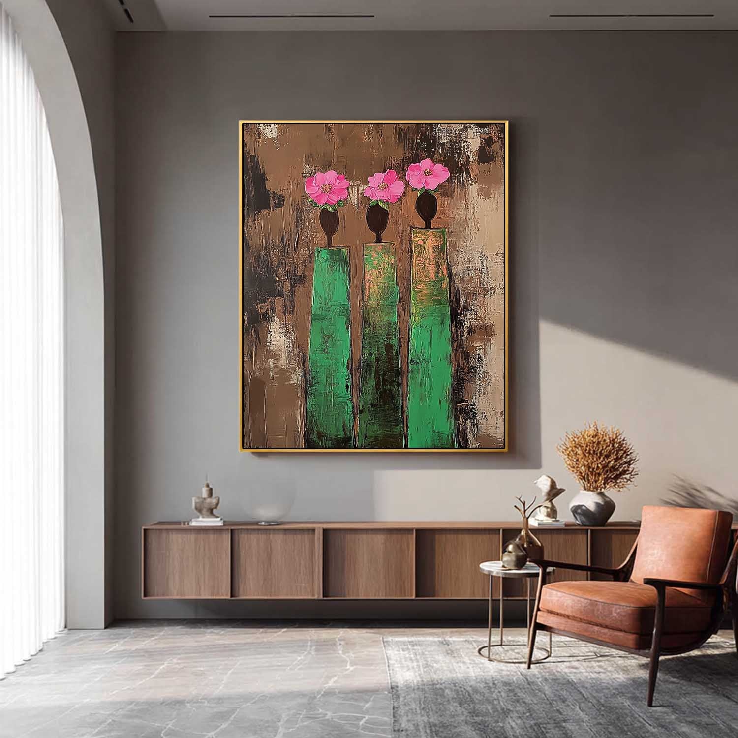 Original Retro Painting Pink And Green Modern People Silhouette Wall Art Abstract Simple Characters Artwork