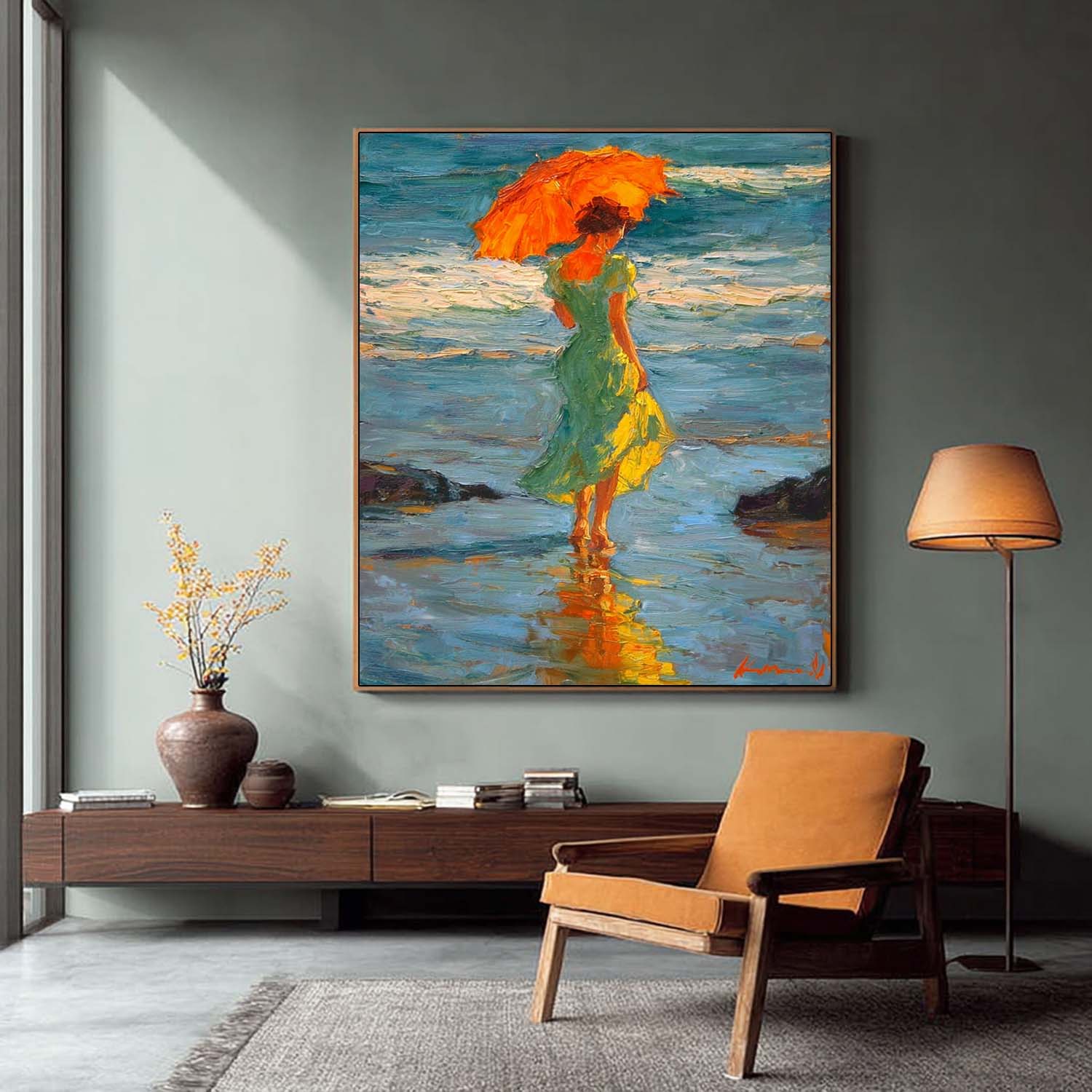 Original Impressionist Painting Lady In Green Dress With Orange Parasol Strolling Seashore Unique Art