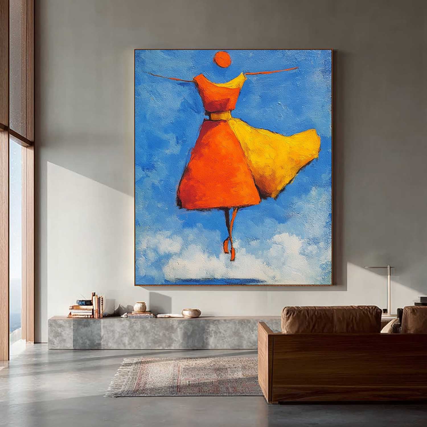 Modern Orange Skirt Framed Minimalist People Silhouette Wall Art Original Vibrant Color Oil Painting 