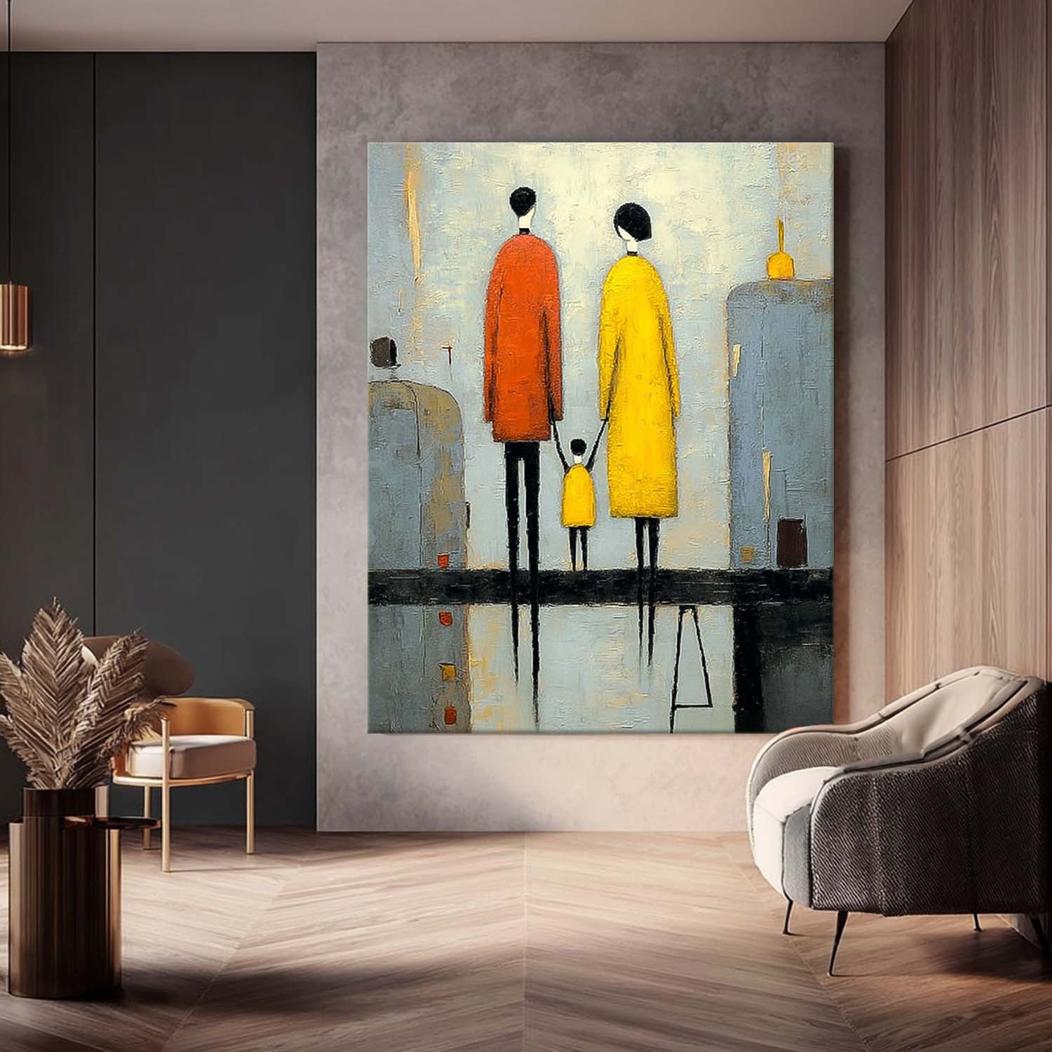 Minimalist Family Wall Art Original Neutral Background Oil Painting Modern City Silhouette Home Decor