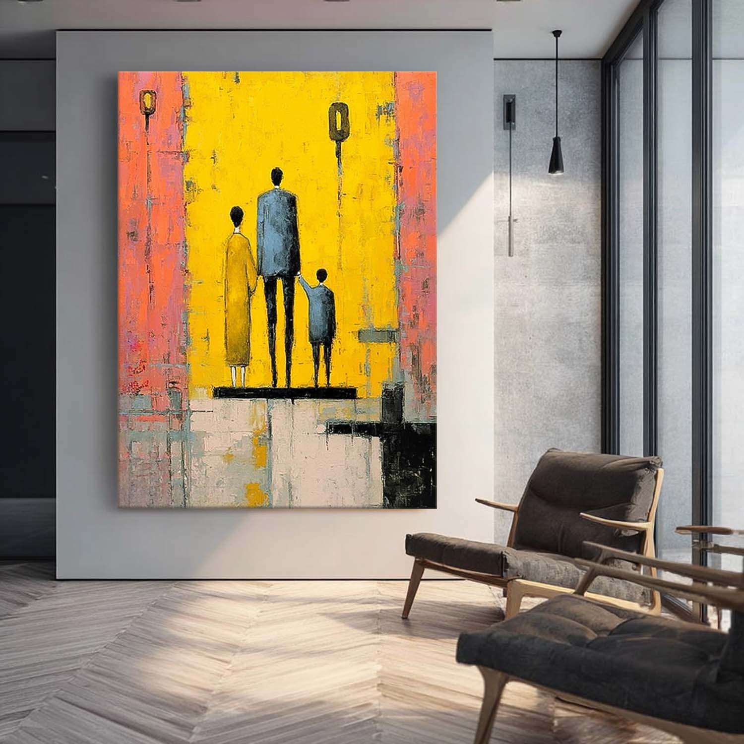 Modern Neutral Background Framed Minimalist Family Wall Art Original City Silhouette Oil Painting 