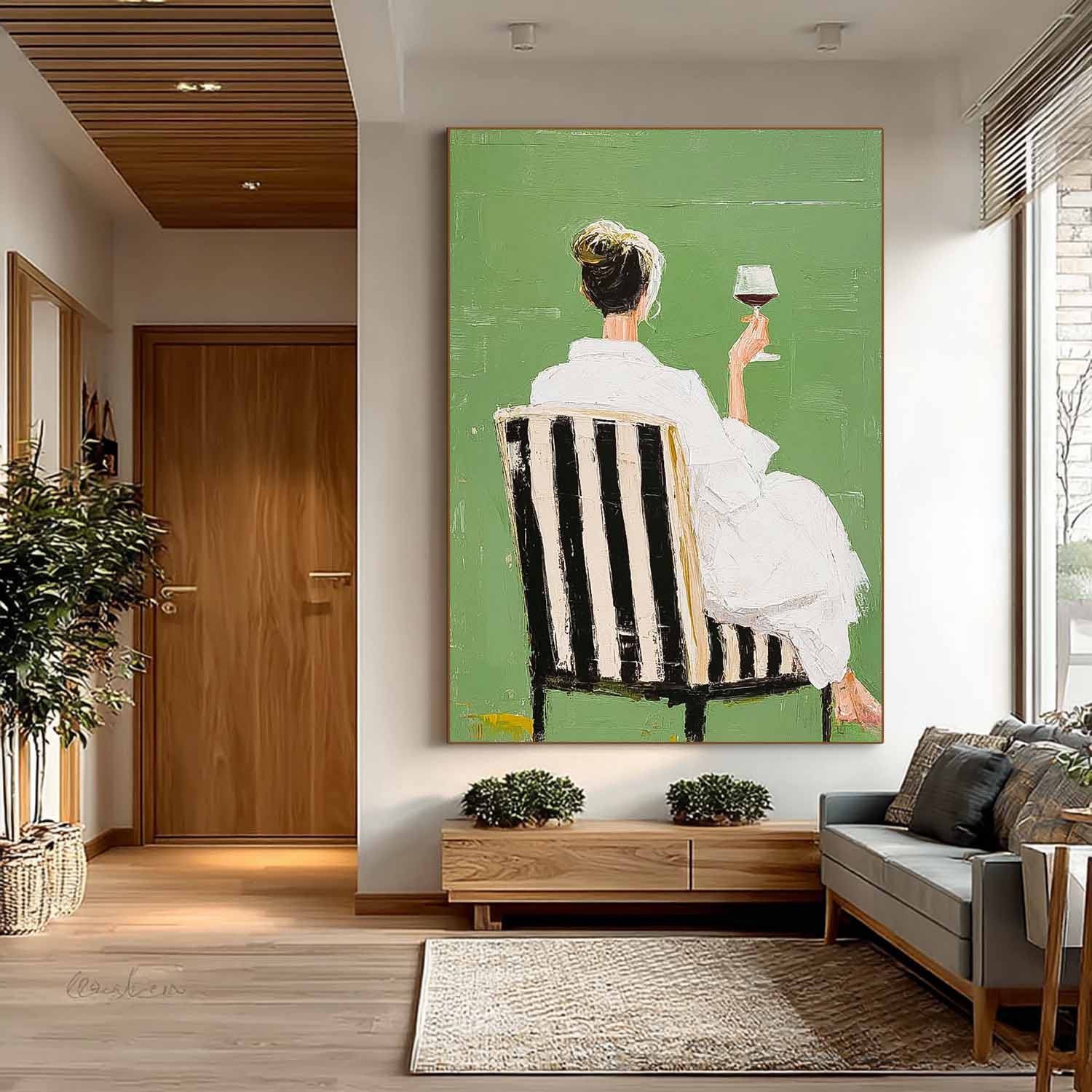 Retro Figure Artwork Abstract Lady Tasting Wine Oil Painting Canvas Original Beautiful Woman Wall Art