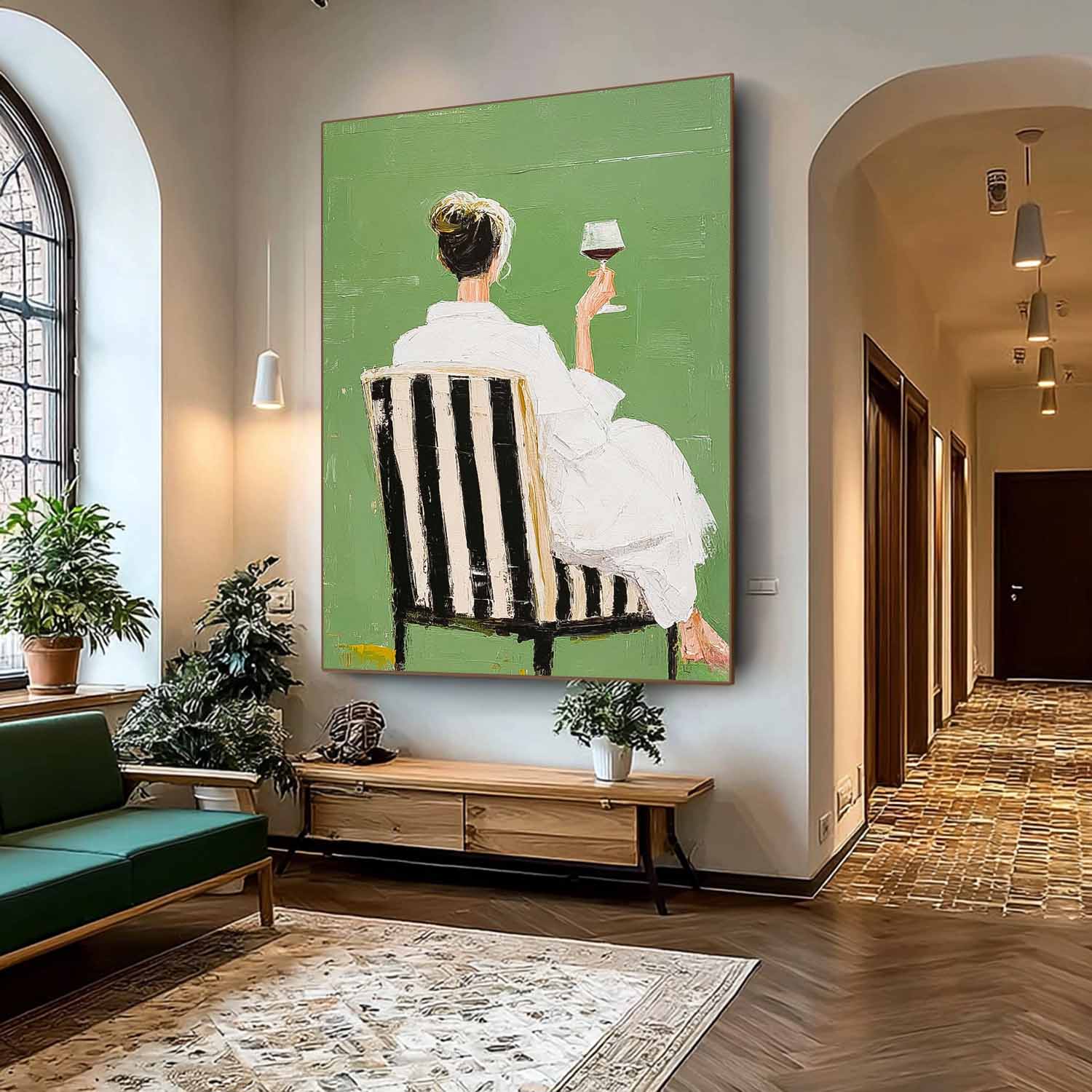 Retro Figure Artwork Abstract Lady Tasting Wine Oil Painting Canvas Original Beautiful Woman Wall Art