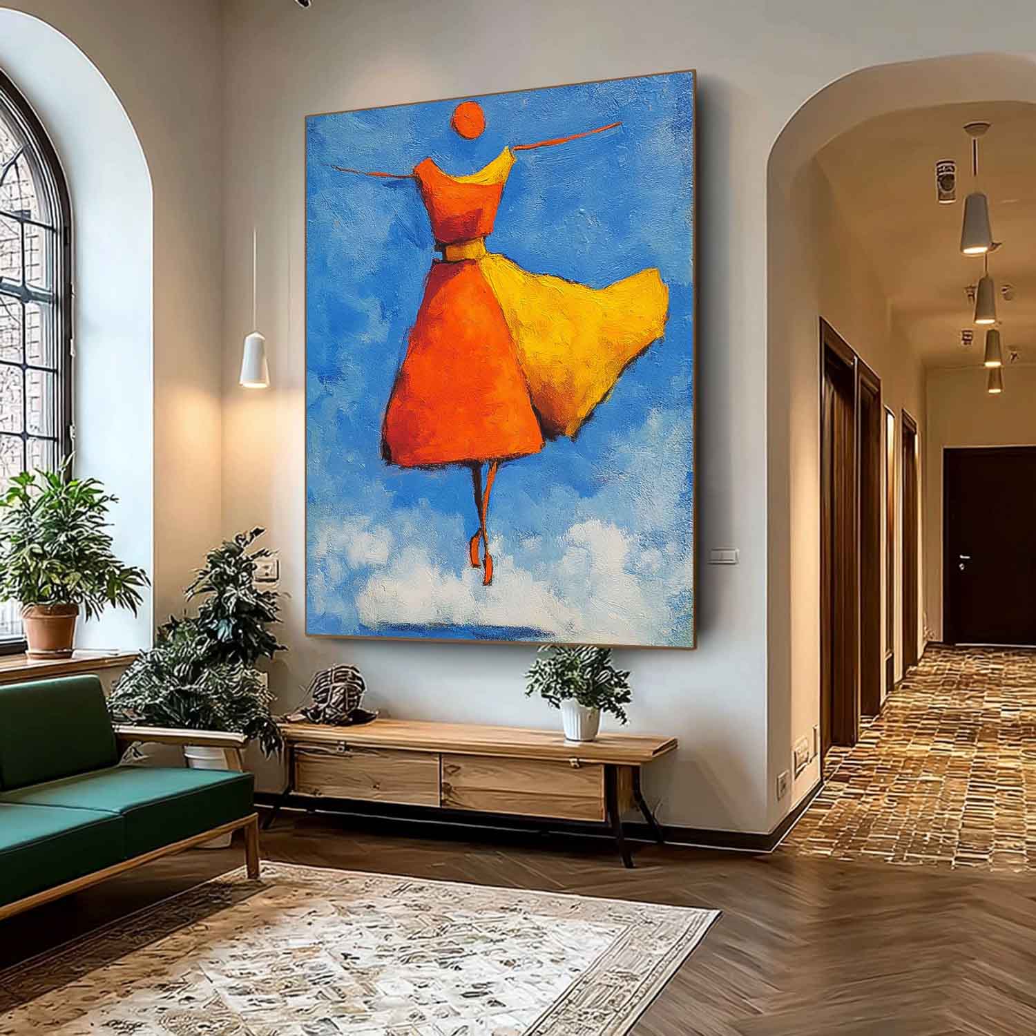 Modern Orange Skirt Framed Minimalist People Silhouette Wall Art Original Vibrant Color Oil Painting 
