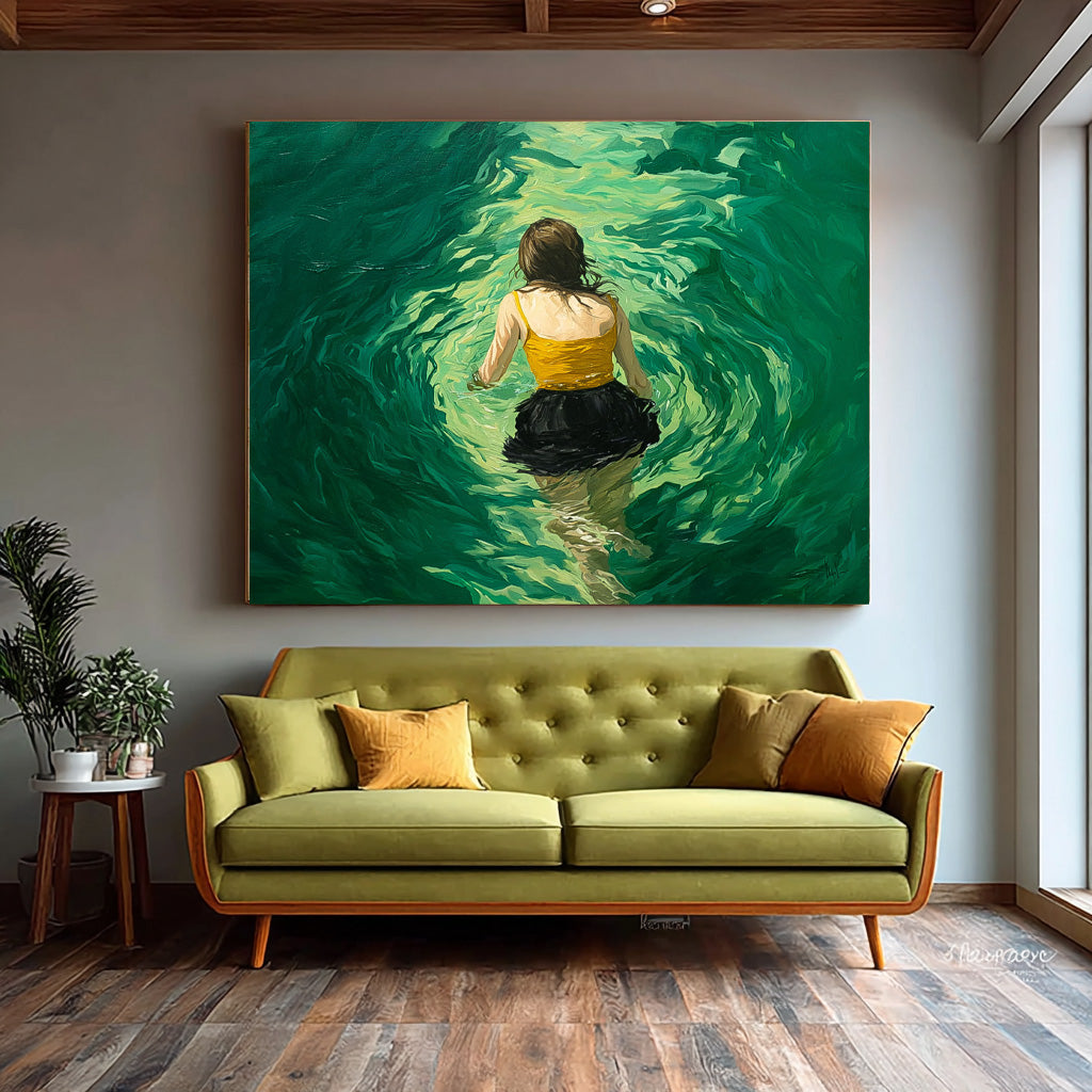 Abstract Green Artwork Original Girl Diving In Ocean Painting Sensual Lady Figure Swimming Wall Art