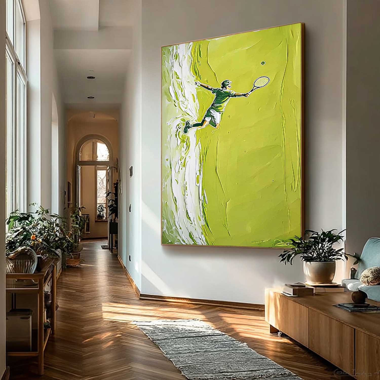 Large Green Tennis Court Painting Textured Wall Art Abstract Tennis Sports Art on Canvas Tennis Lovers Gift