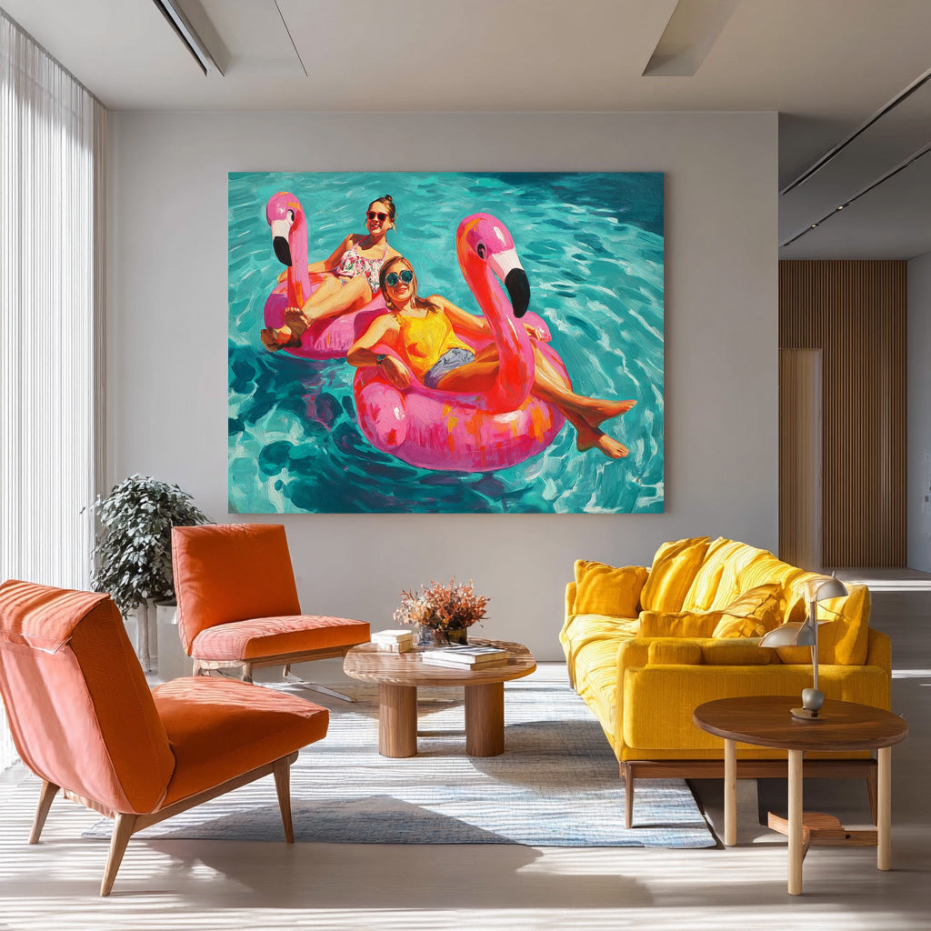 Abstract Colorful Flamingo Artwork Original Girl Water Entertainment Sensual Lady Swimming Wall Art