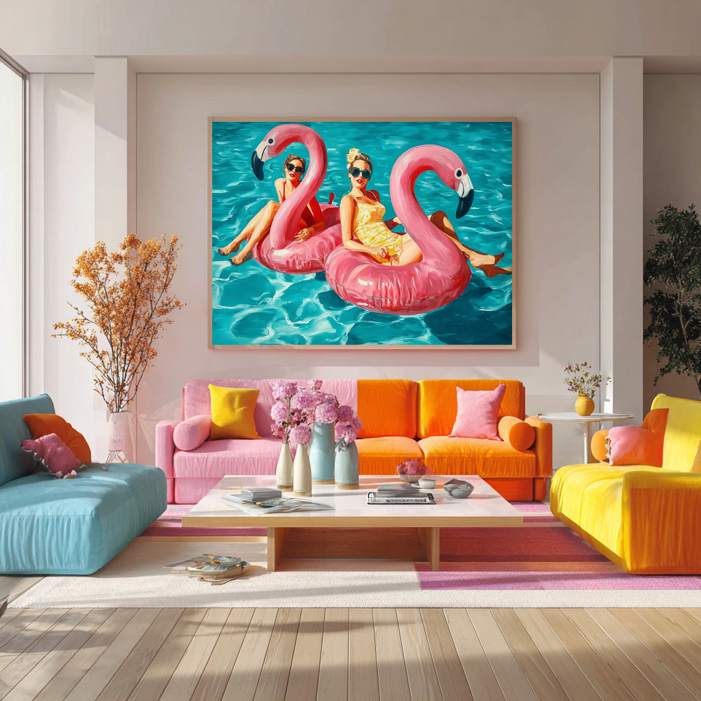 Original Girl Water Entertainment Abstract Colorful Flamingo Artwork Sensual Lady Swimming Wall Art