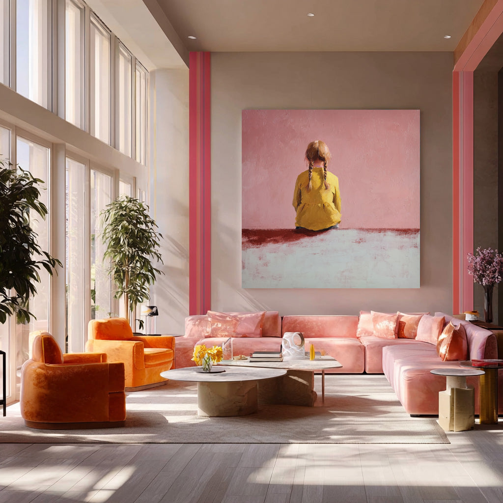 Minimalist Girl Back view Painting Abstract Warm atmosphere Art Original Pink Wall Art For Living Room