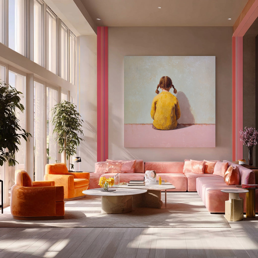 Original Pink Wall Art Minimalist Child Back view Painting Abstract Warm atmosphere Art For Living Room