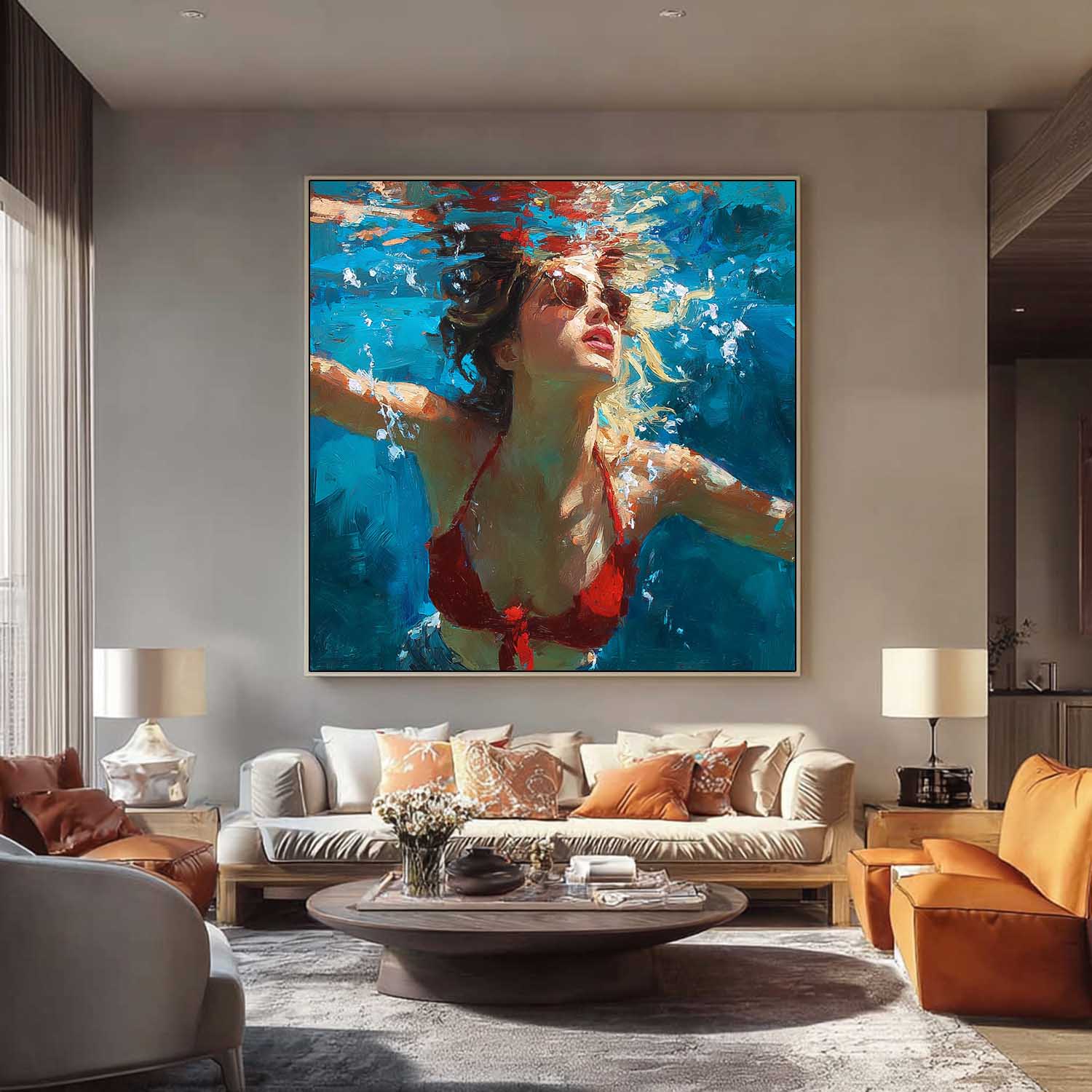 Lady Artwork Original Woman swimming Wall Art Square Diving In Ocean Girl Acrylic Painting Home Decor