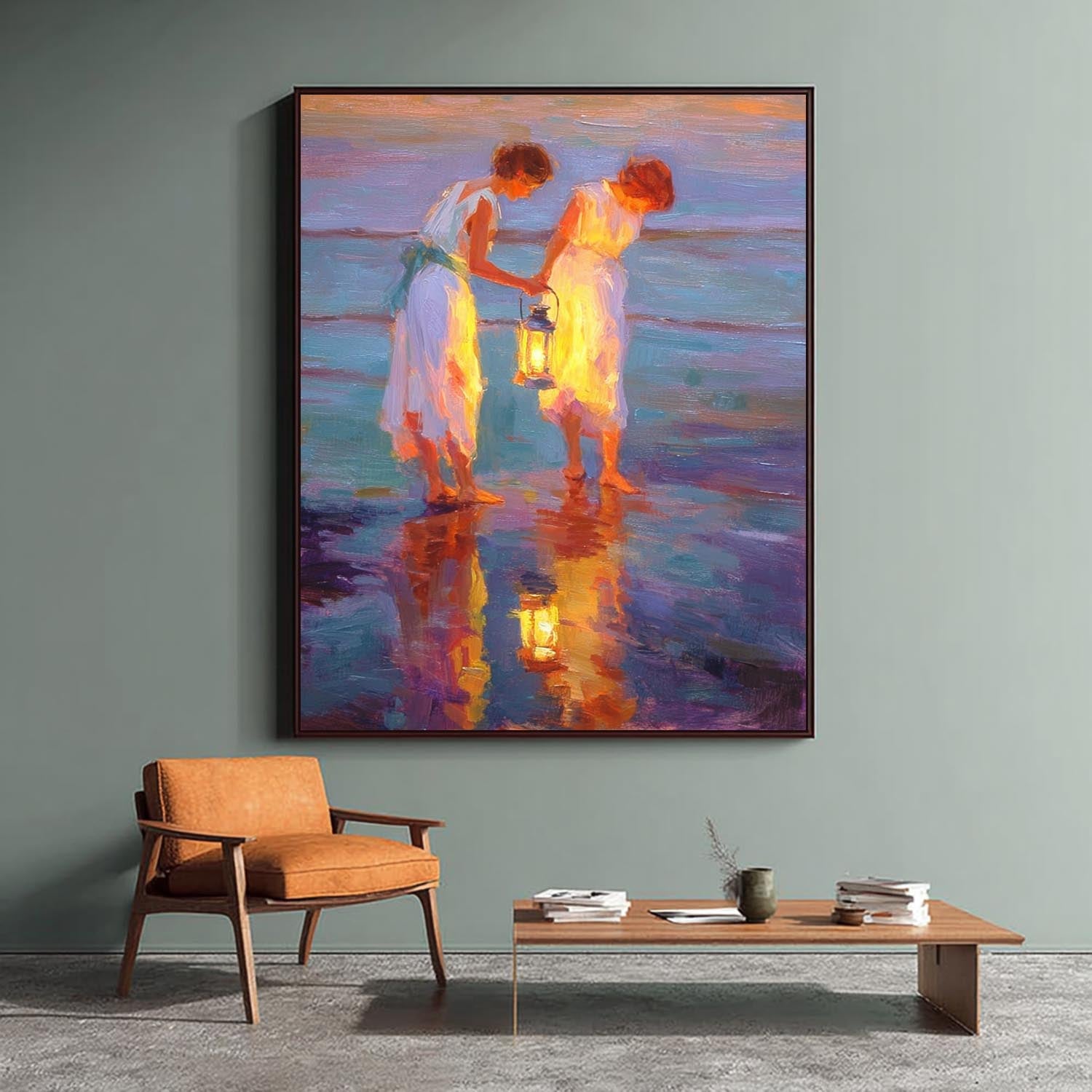Vintage Glow & Water Reflections Wall Art Coastal Oil Painting Two Women With Lanterns By Sea Shore At Dusk