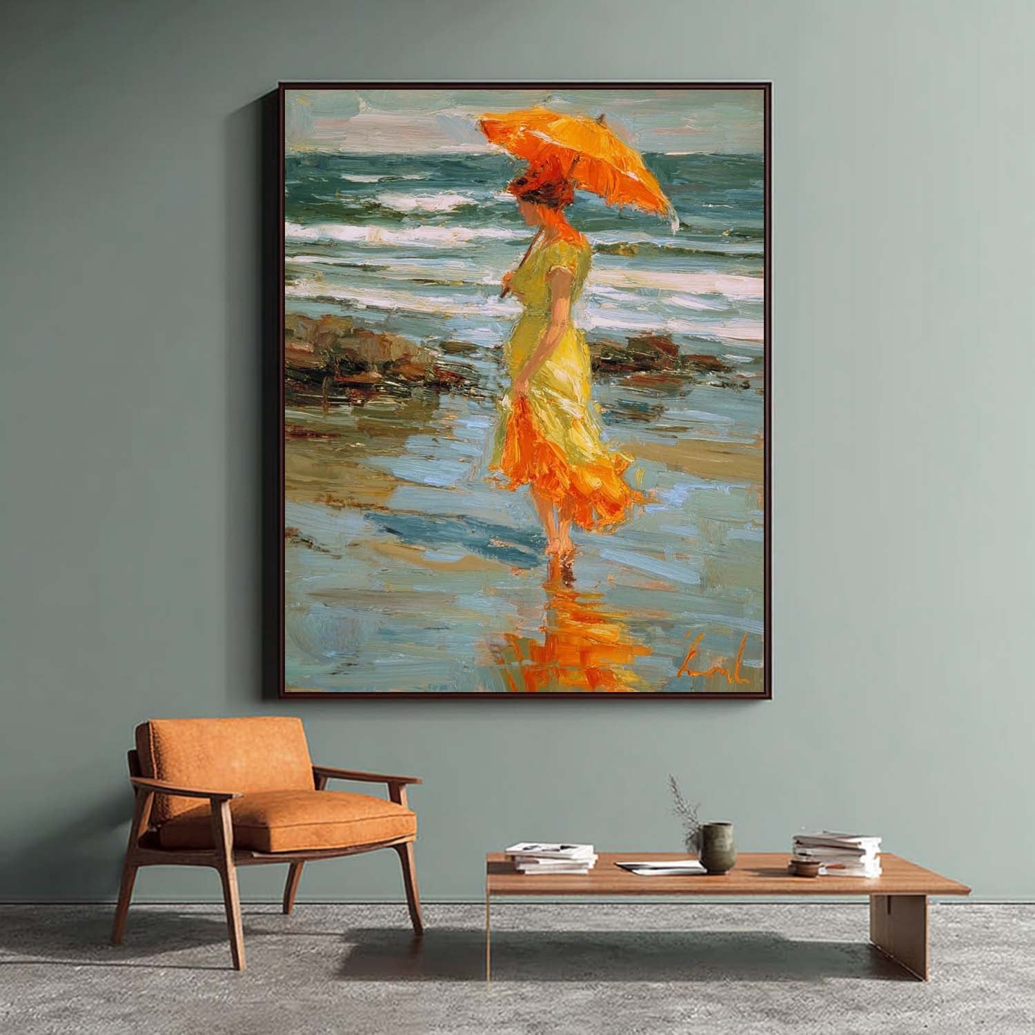 Original Handmade Art Elegant Woman In A Flowing Green Dress Painting Large Retro Unique Artwork Decor