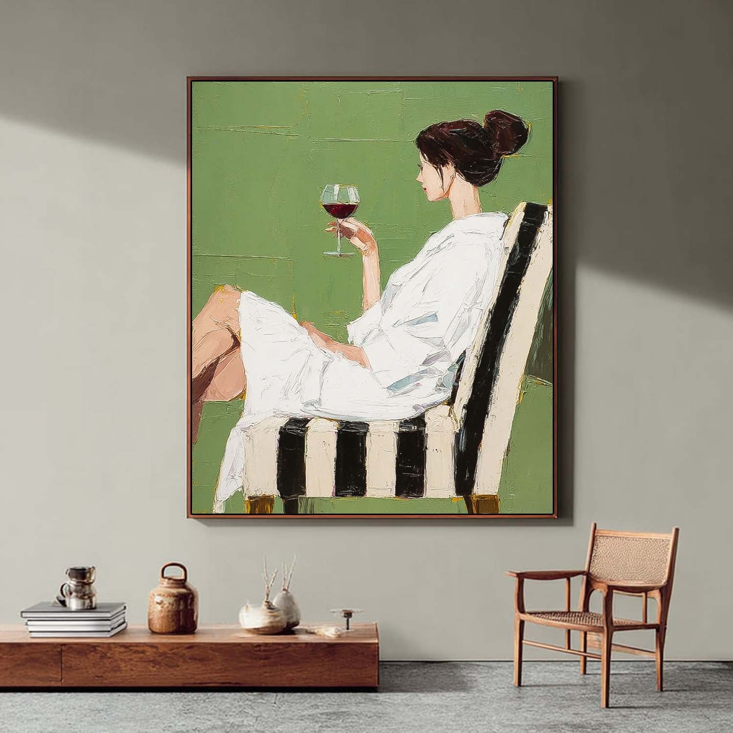 Abstract Lady Tasting Wine Oil Painting Canvas Original Beautiful Woman Wall Art Retro Figure Artwork