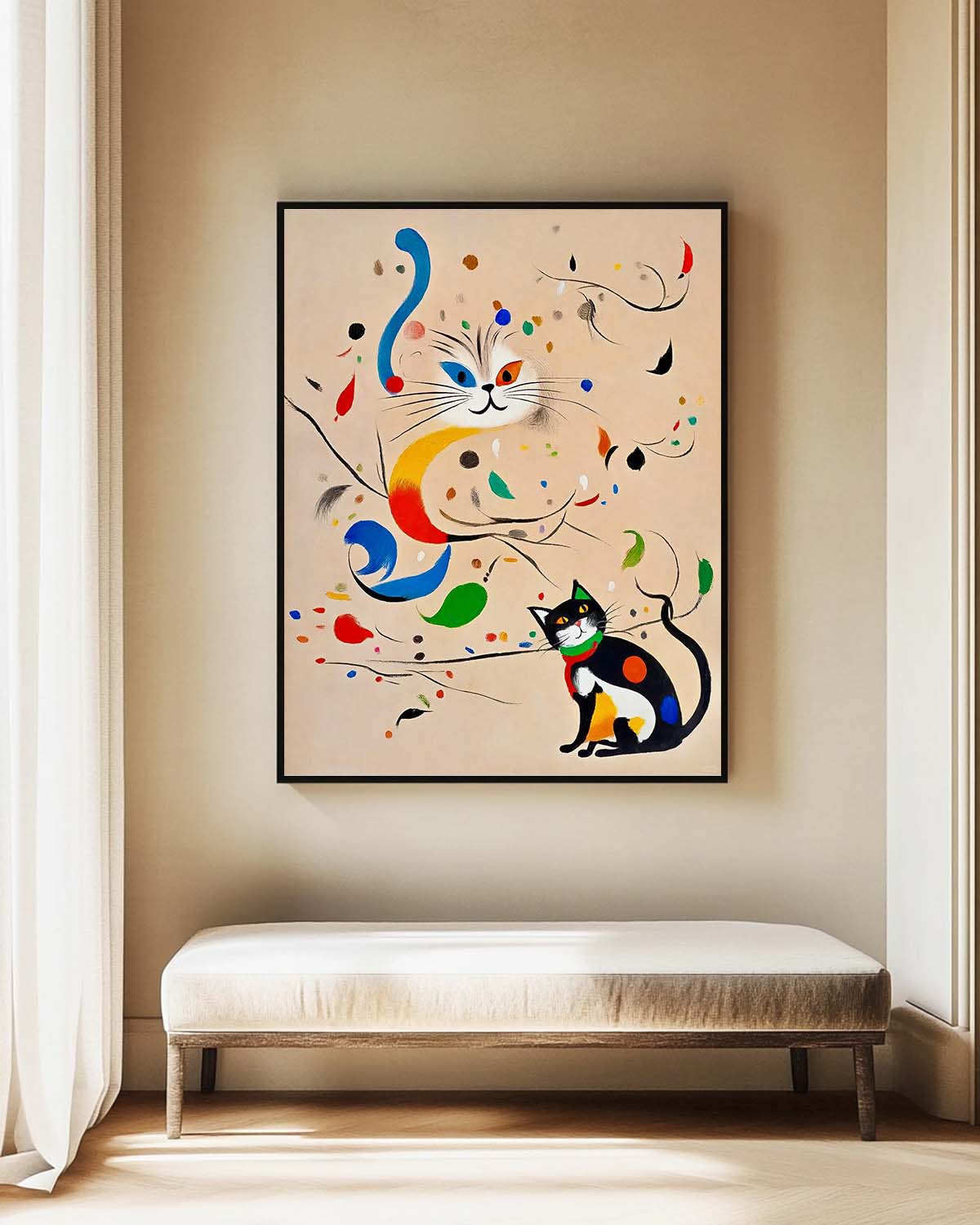 Colorful Modern Cat Oil Painting Joan Miró Style Abstract Cat Acrylic Painting Pop Artwork Home Decor