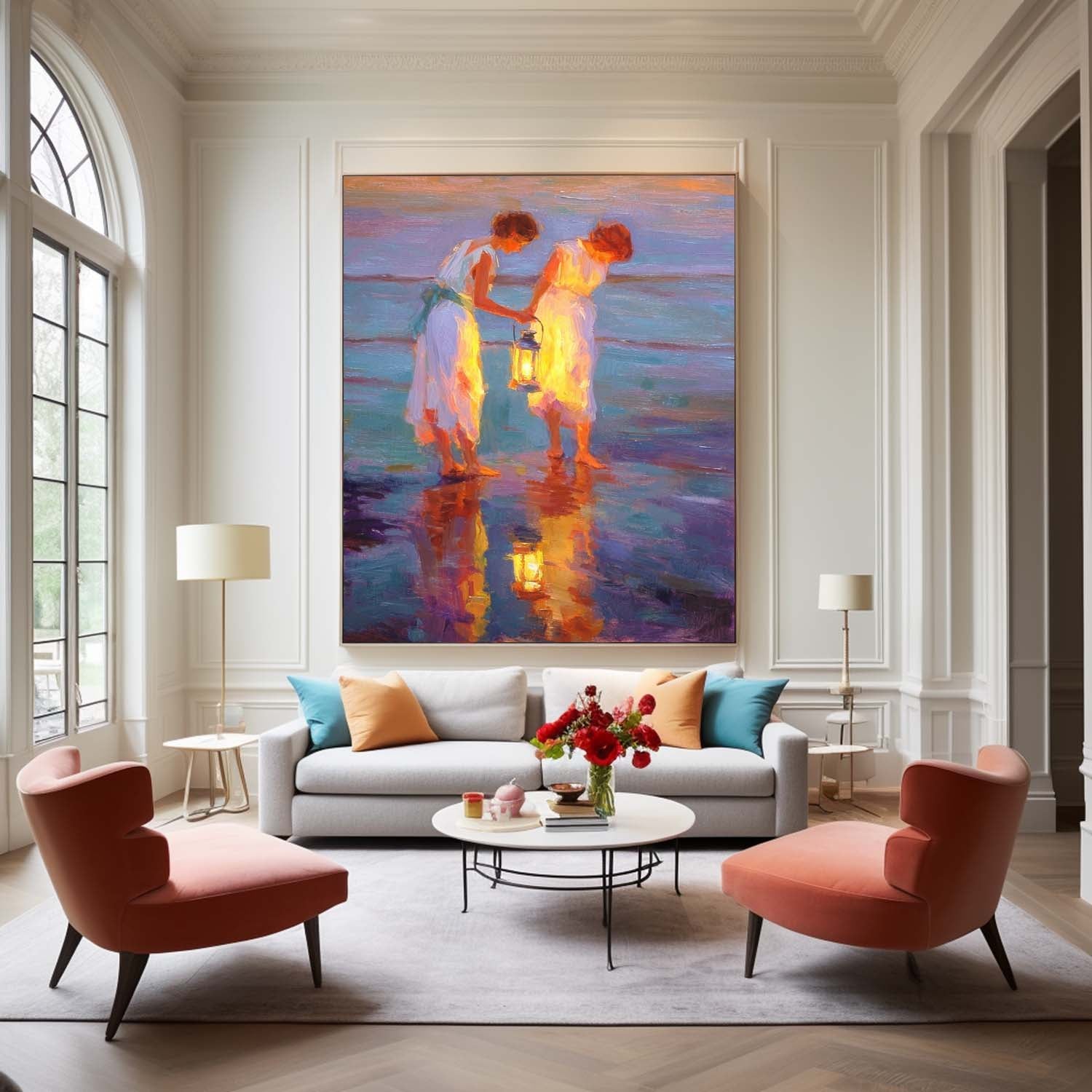 Vintage Glow & Water Reflections Wall Art Coastal Oil Painting Two Women With Lanterns By Sea Shore At Dusk