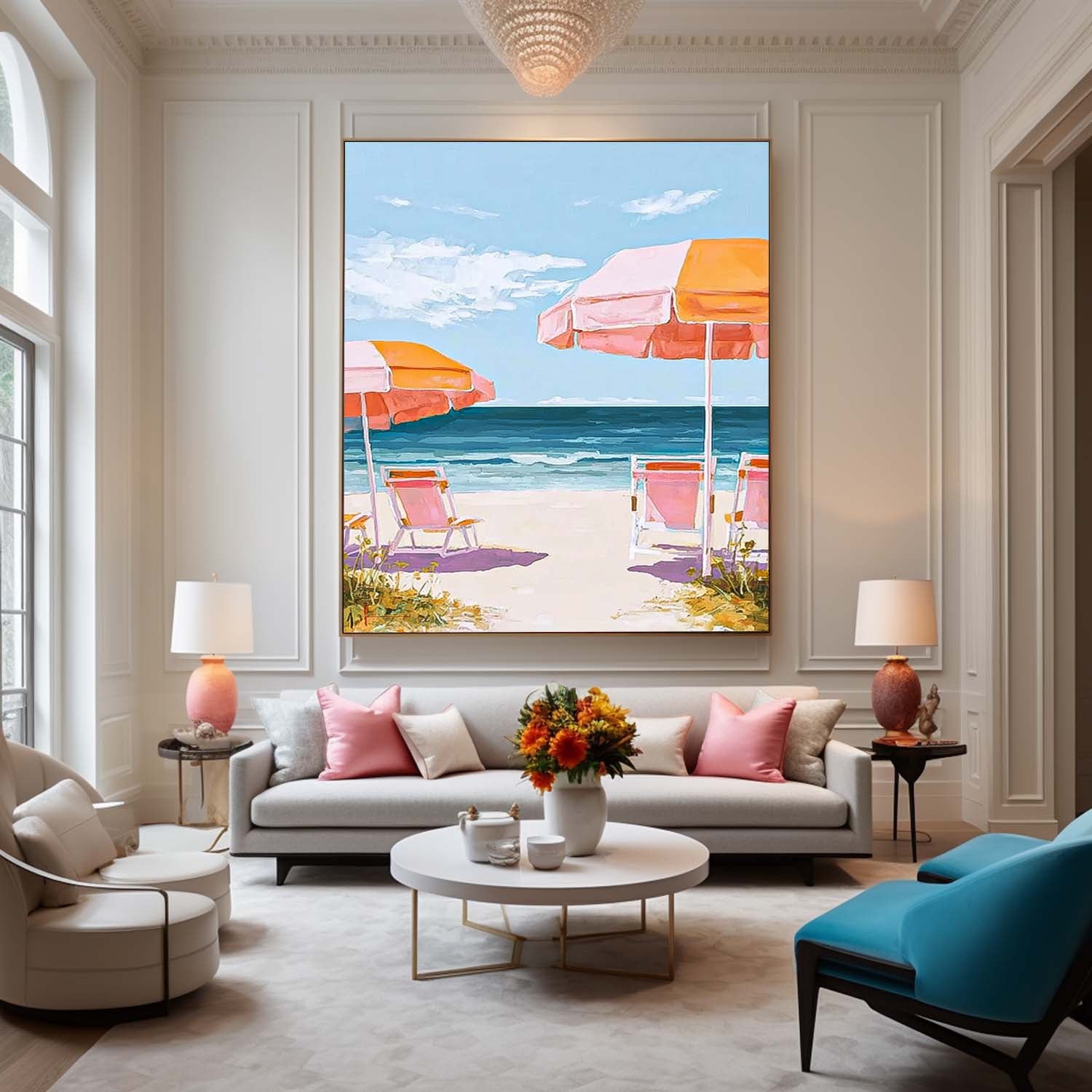 Abstract Beach Scenery Oil Painting Framed Colorful Seaside Landscape Artwork Large Wall Art Home Decor