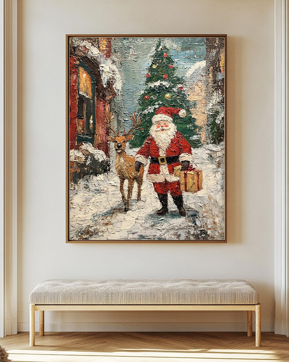 Christmas Wall Art Vintage Santa Claus Christmas Tree and Painting Rustic Classic Santa Xmas Holiday Decor