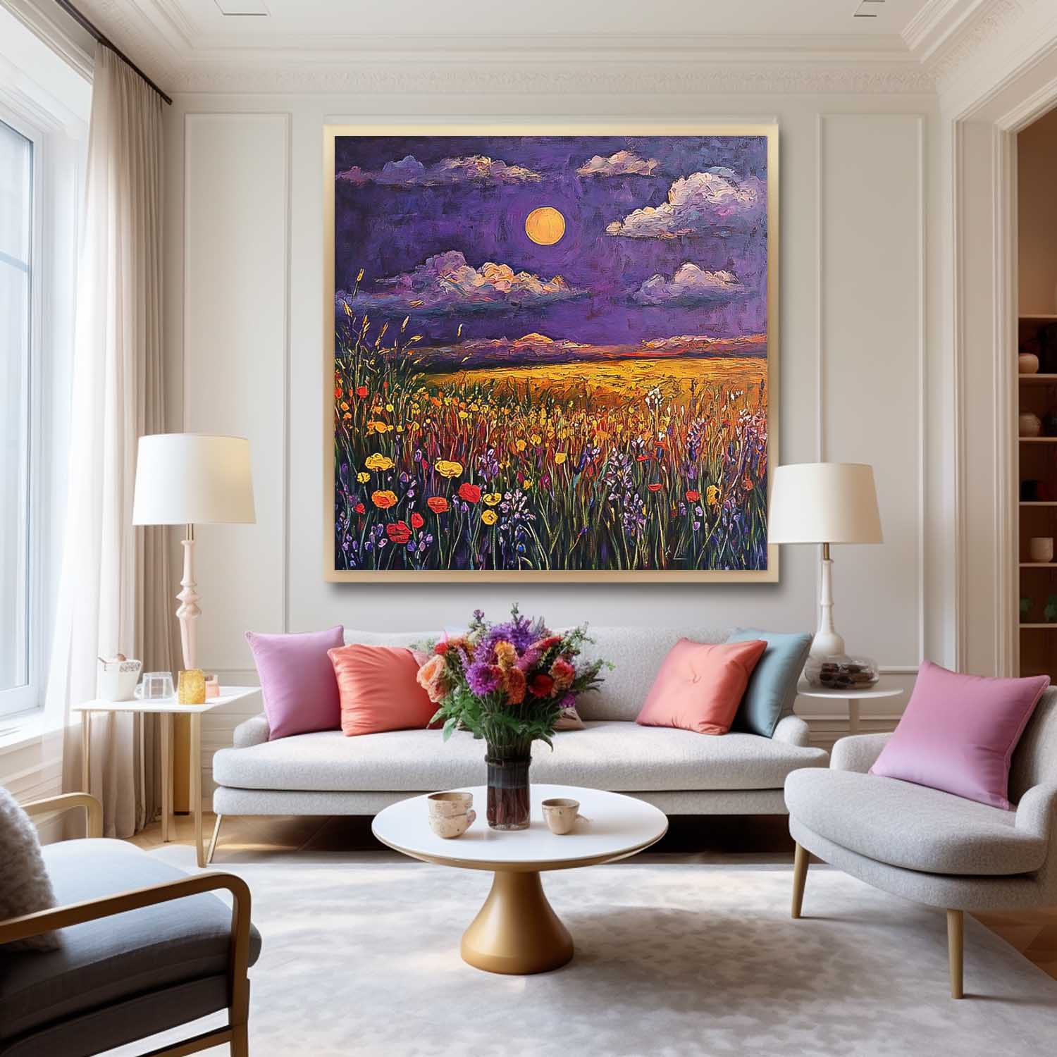 Abstract Purple Scenery Painting Original Landscape Oil Painting Large Spring Wall Art Living Room Decor