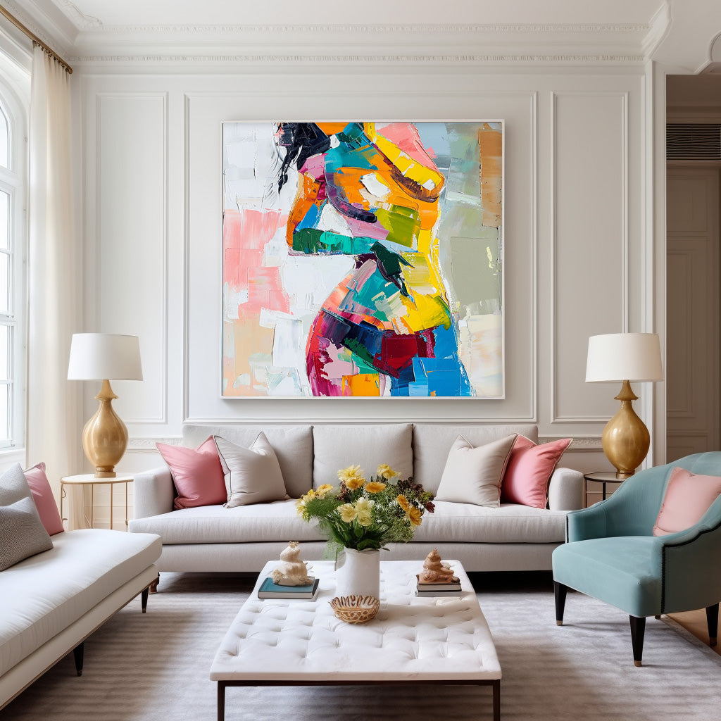 Bright Color Abstract Wall Art Square Sexy Girl Original Texture Acrylic Painting Canvas Large Artwork